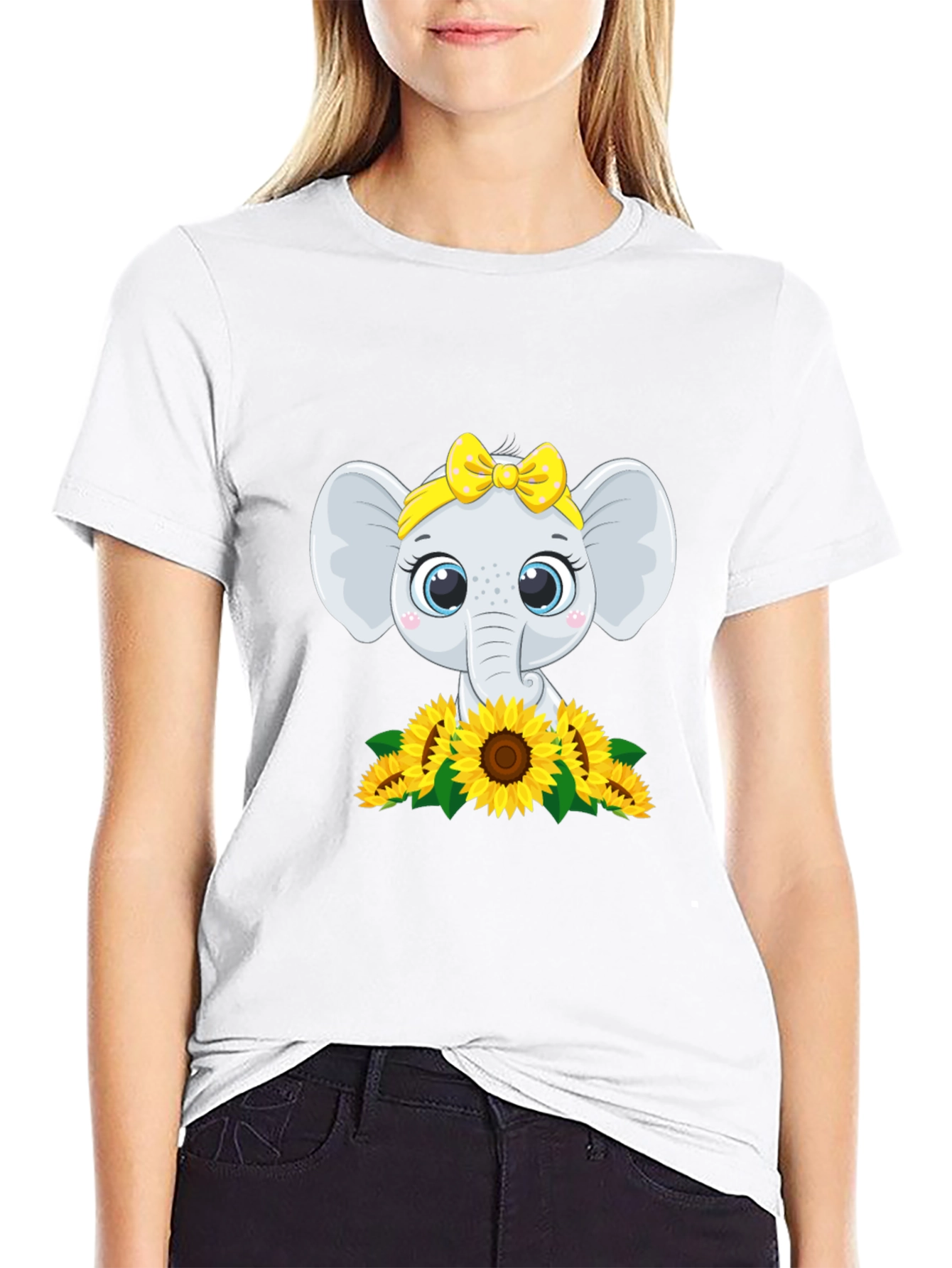 Black Cute Elephant Sunflower Graphic Tee view 9