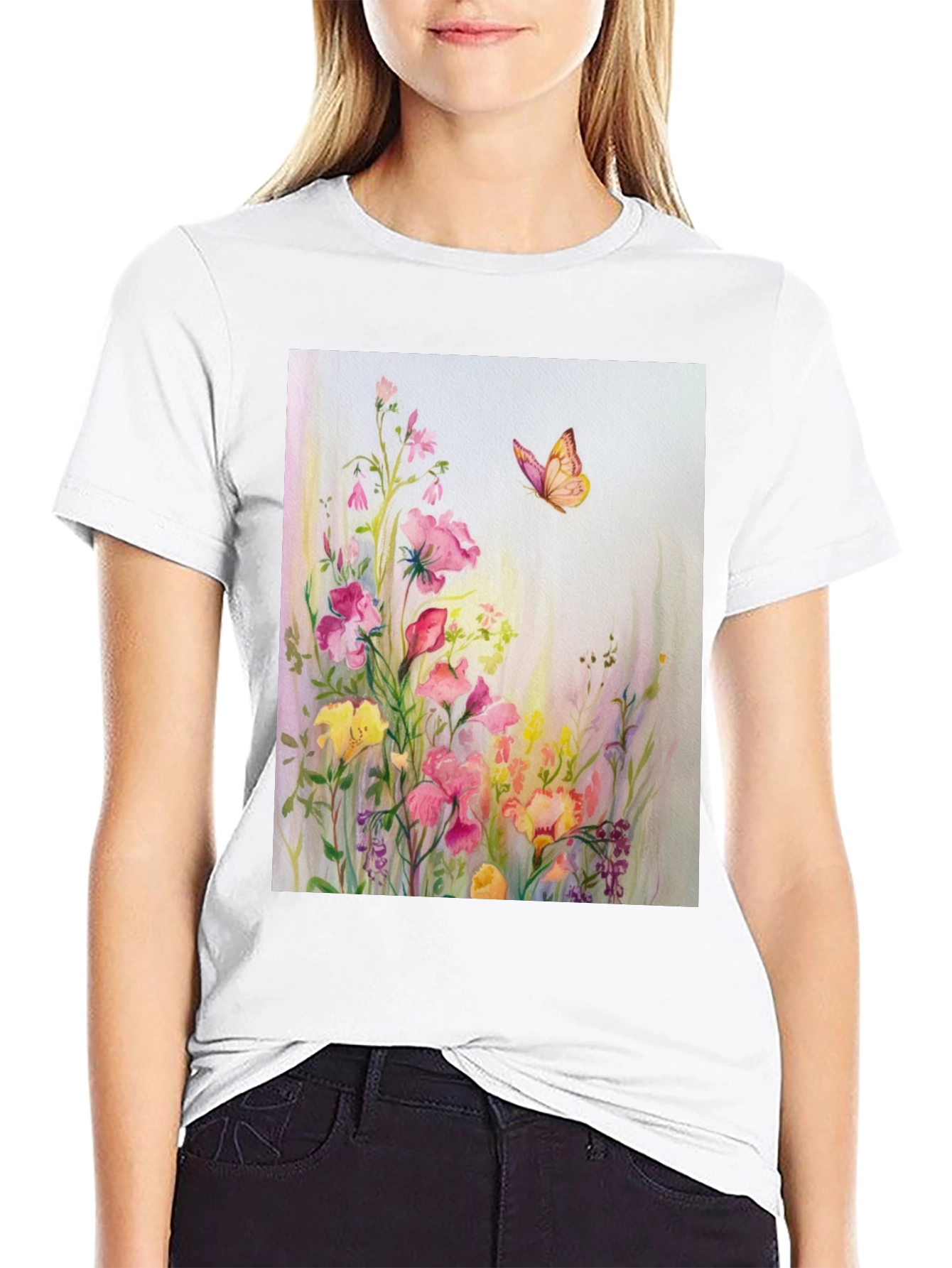 Black Floral Butterfly Print Black T-Shirt view 9