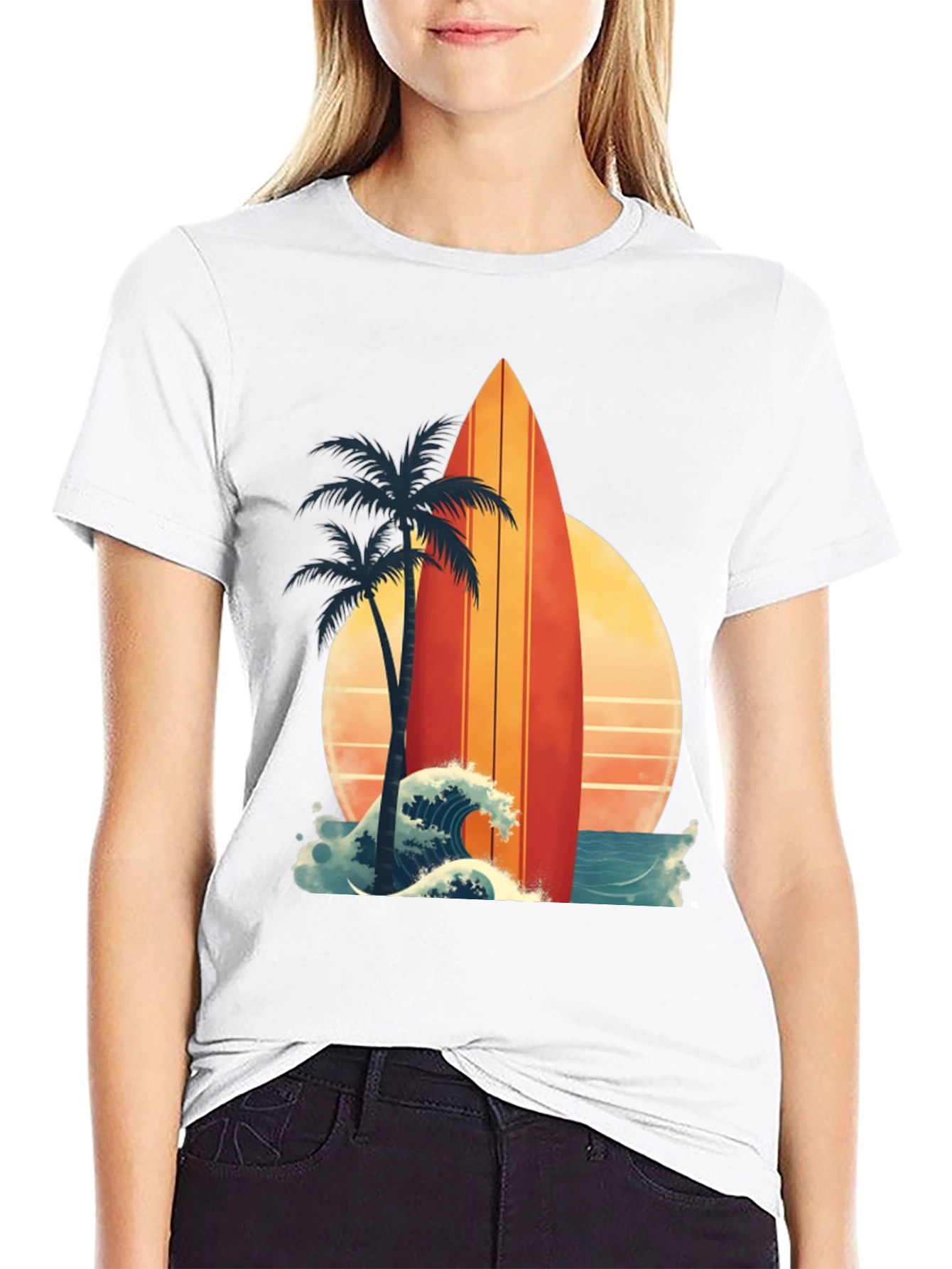 Black Retro Surfboard Palm Tee - Beach Vibes view 9