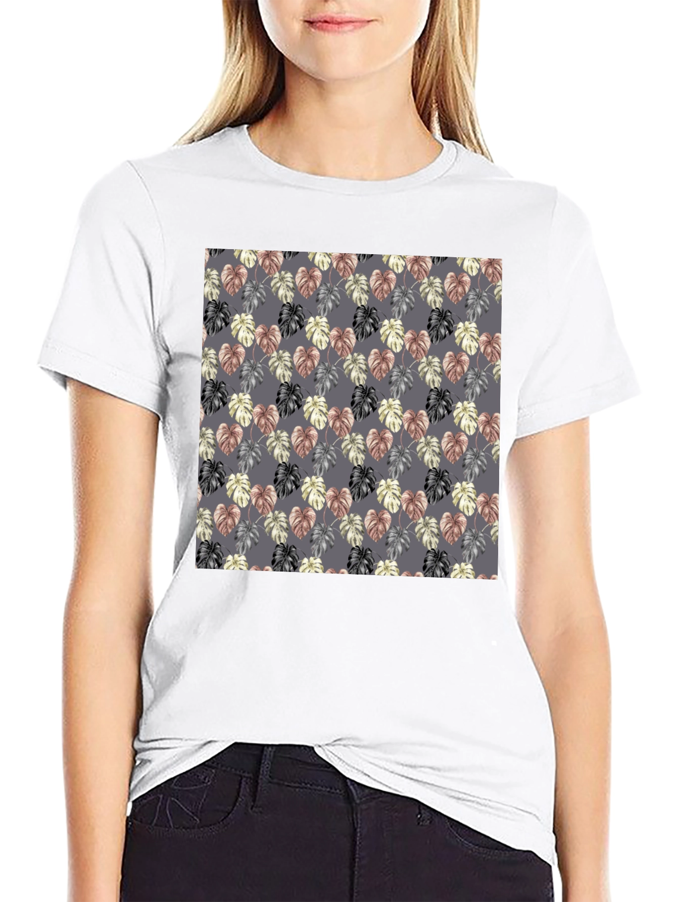 Black Monstera Leaf Pattern Black T-Shirt view 9