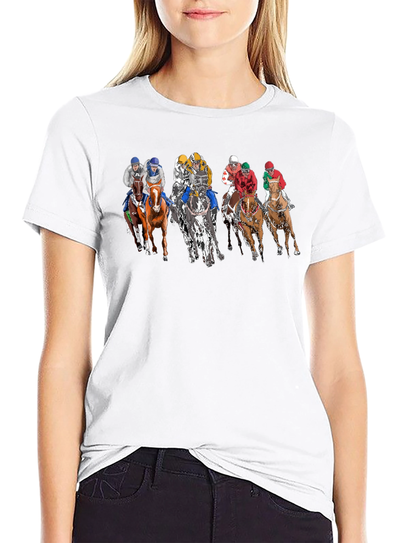 Black Horse Race Graphic Print Crew Neck T-Shirt view 9