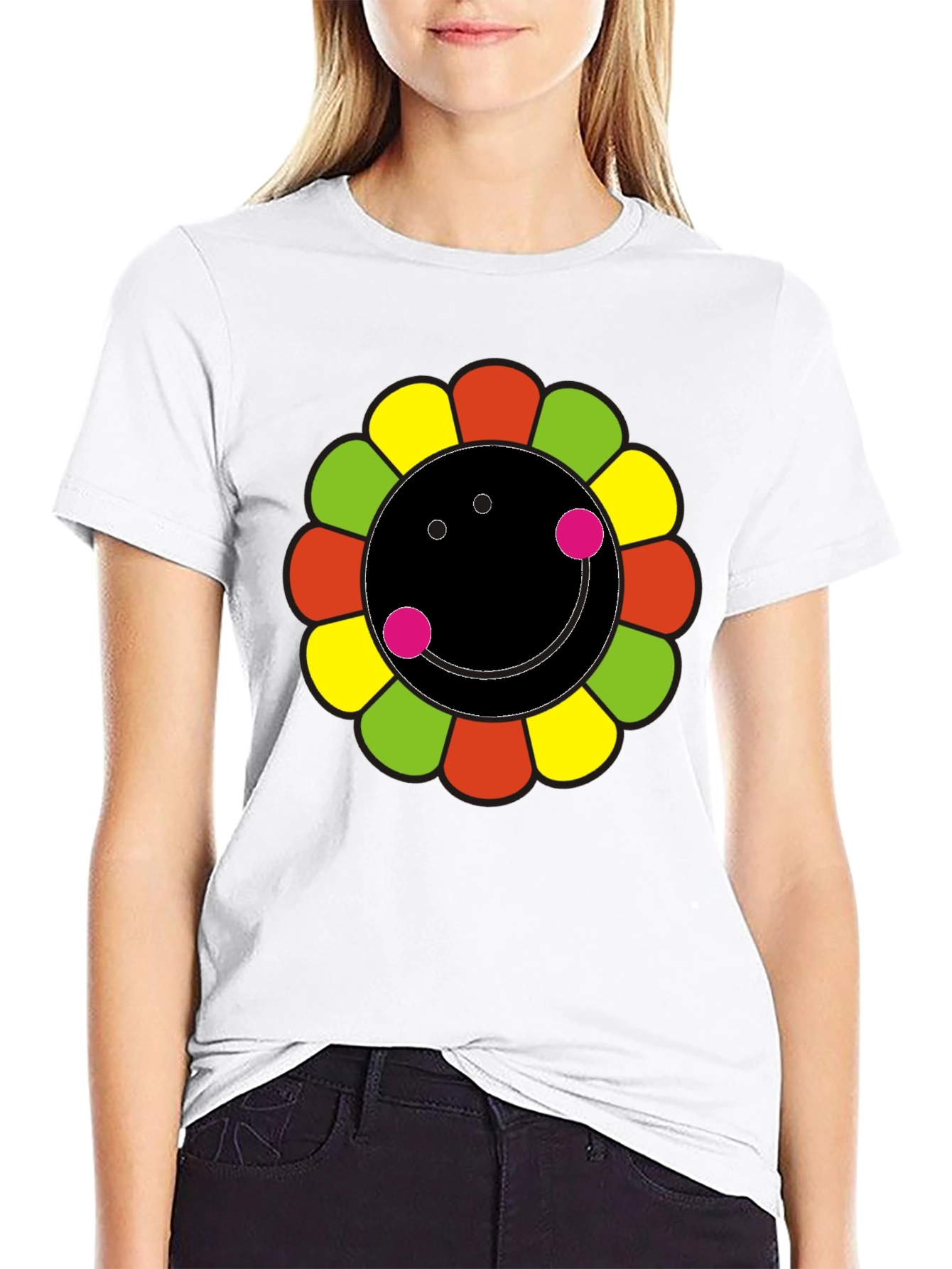 Black Funky Flower Smiley Black T-Shirt view 9