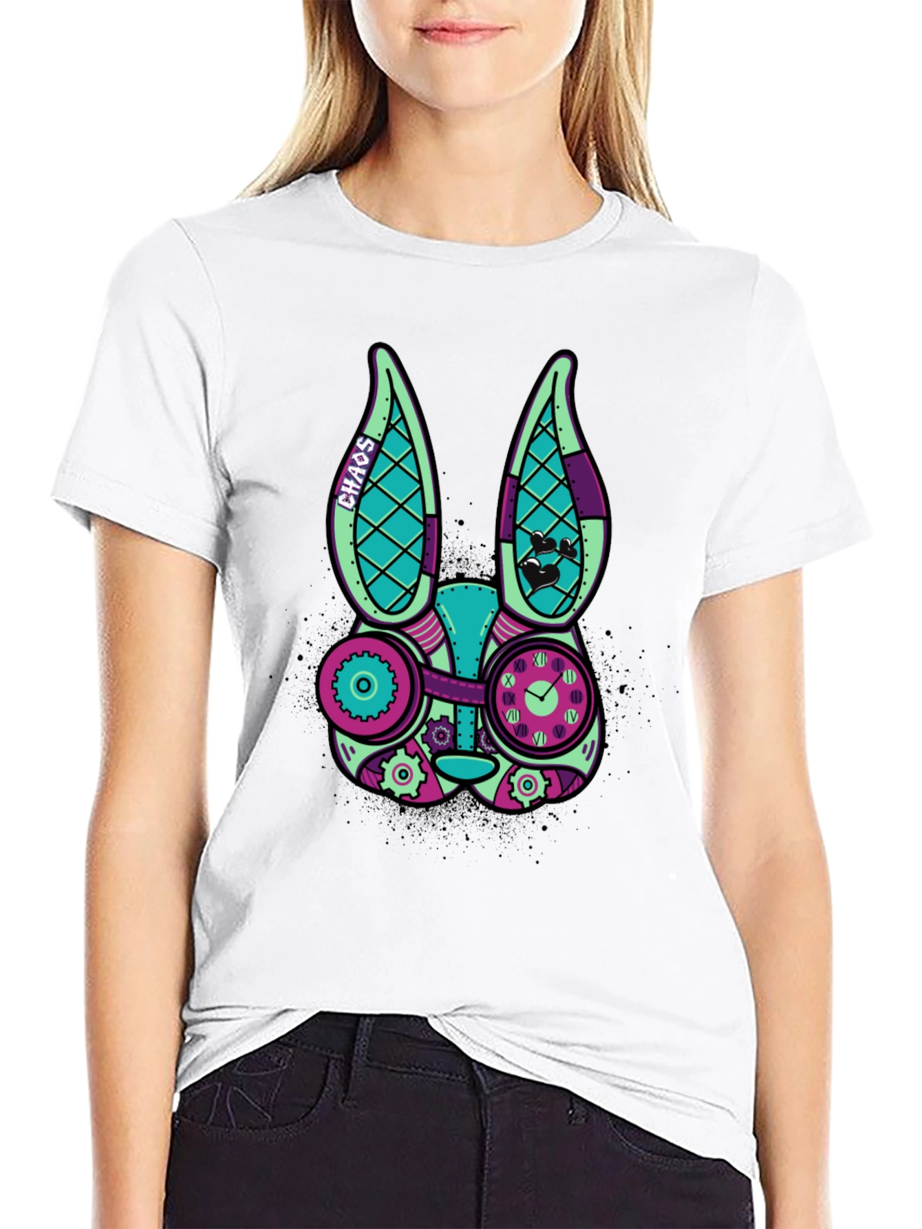 Black Steampunk Rabbit Graphic T-Shirt view 9