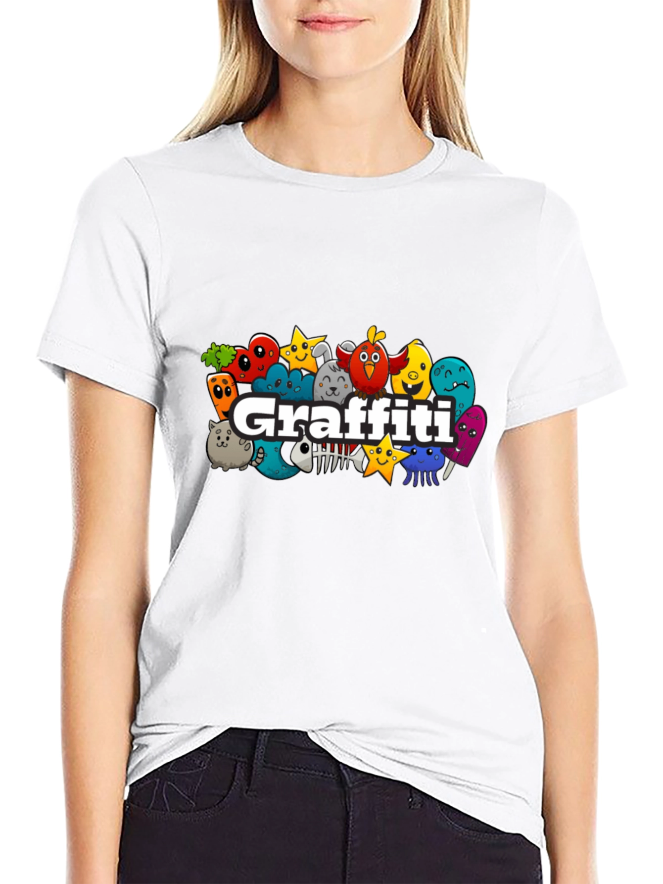 Black Graffiti Cartoon Character Black T-Shirt view 9