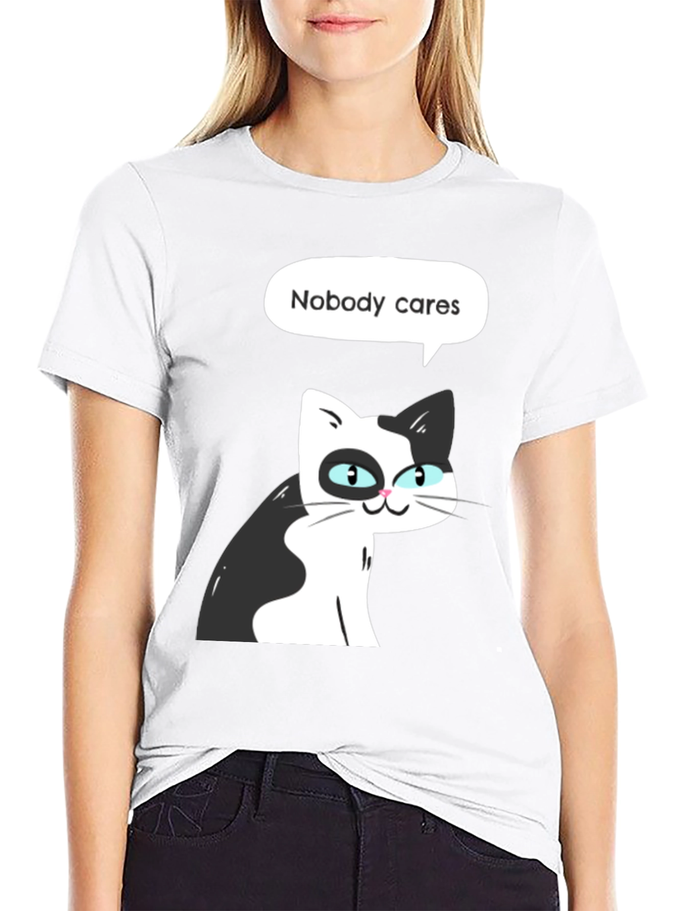 Black Nobody Cares Cat Graphic Tee - Black view 9