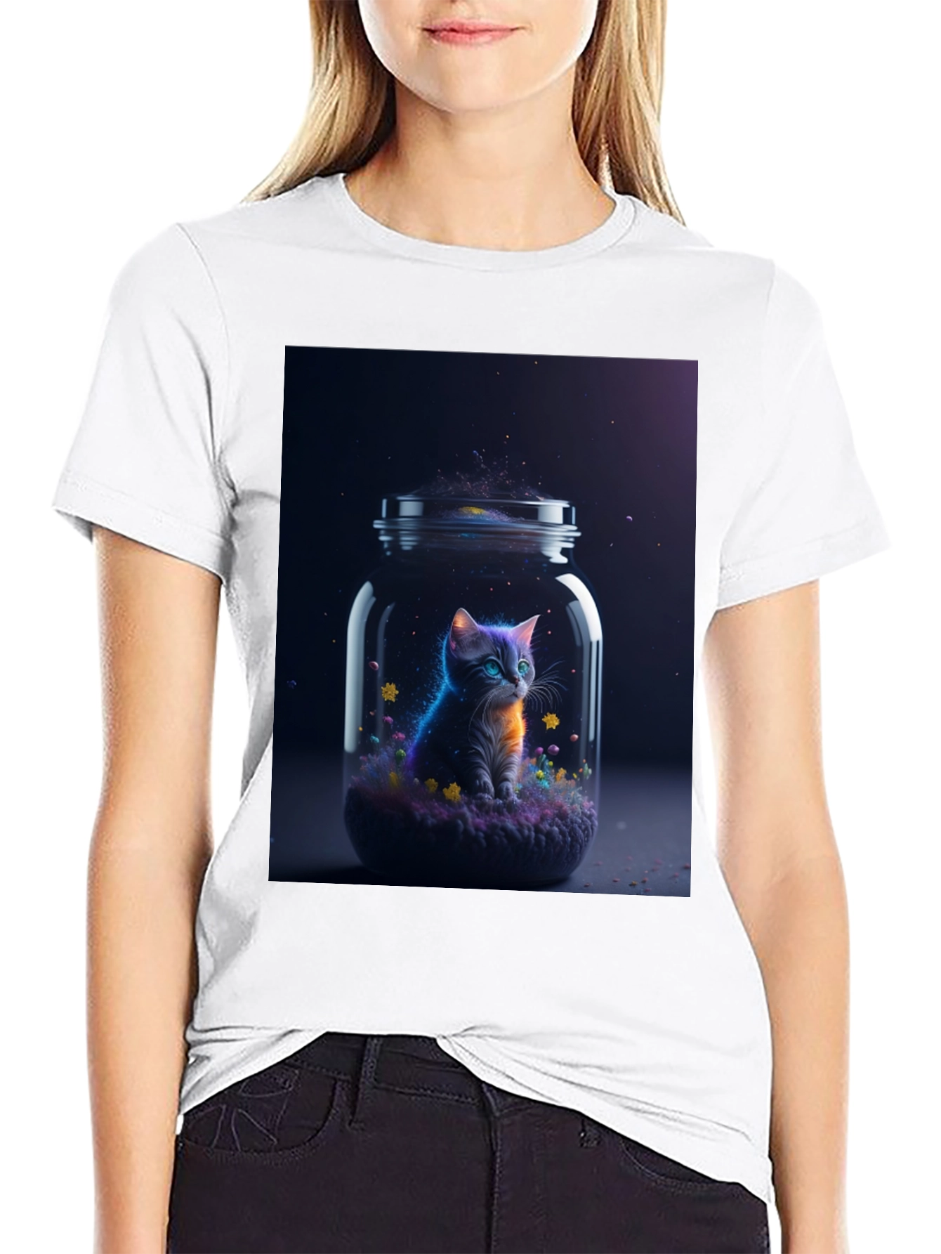 Black Cosmic Cat T-Shirt - Galaxy Kitten in a Jar view 9