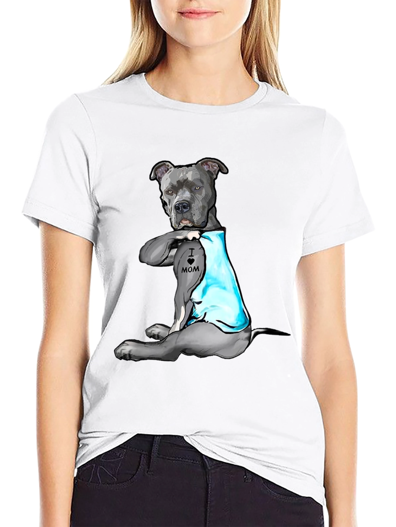 Black Dog Lover T-Shirt: 'I Heart Mom' Pitbull Design view 9