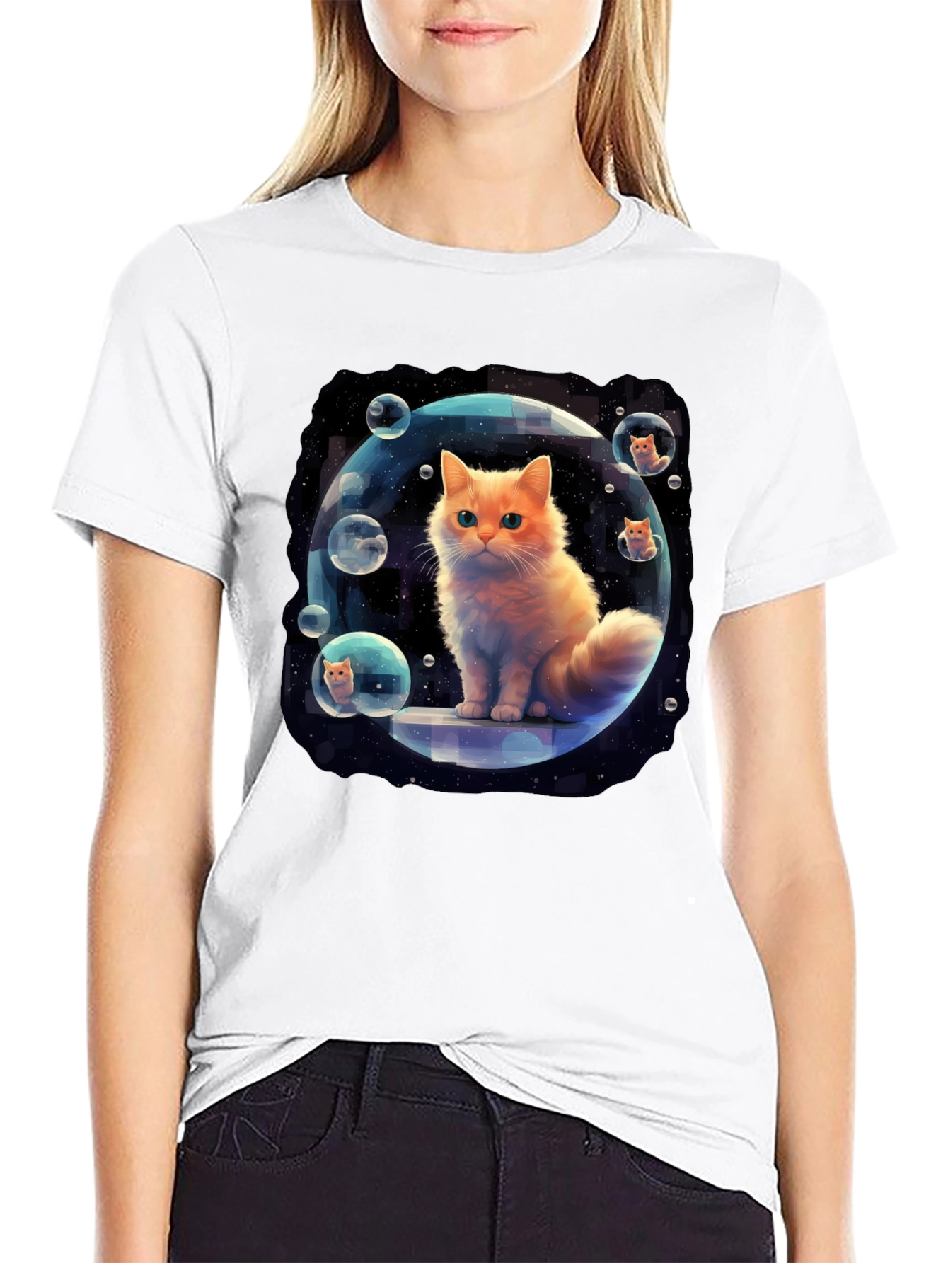 Black Cosmic Cat Bubble T-Shirt - Unique Graphic Tee view 9