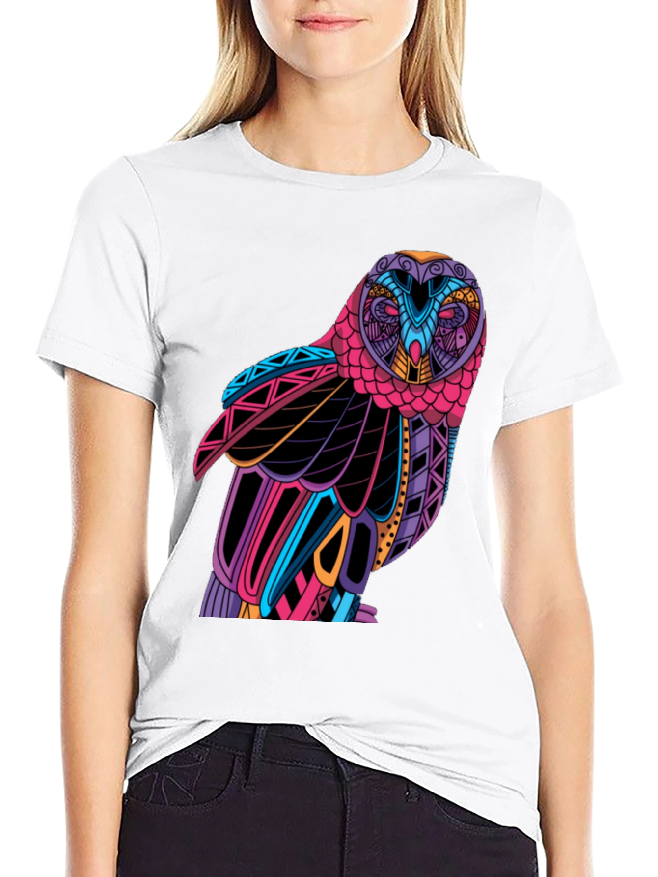 Black Colorful Owl Graphic T-Shirt - Unique Design view 9