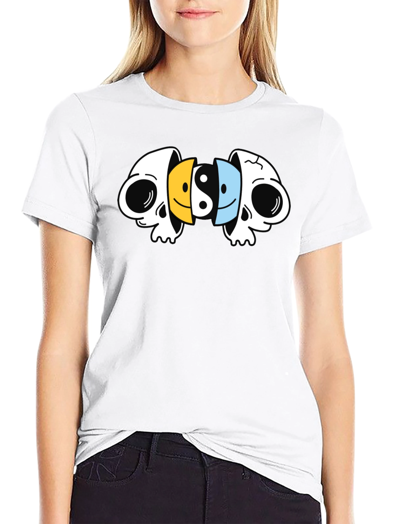 Black Yin Yang Skulls Graphic Black T-Shirt view 9