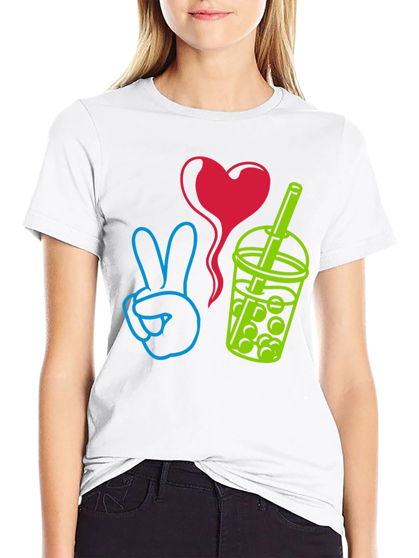Black Peace, Love, Boba T-Shirt - Trendy Graphic Tee view 9