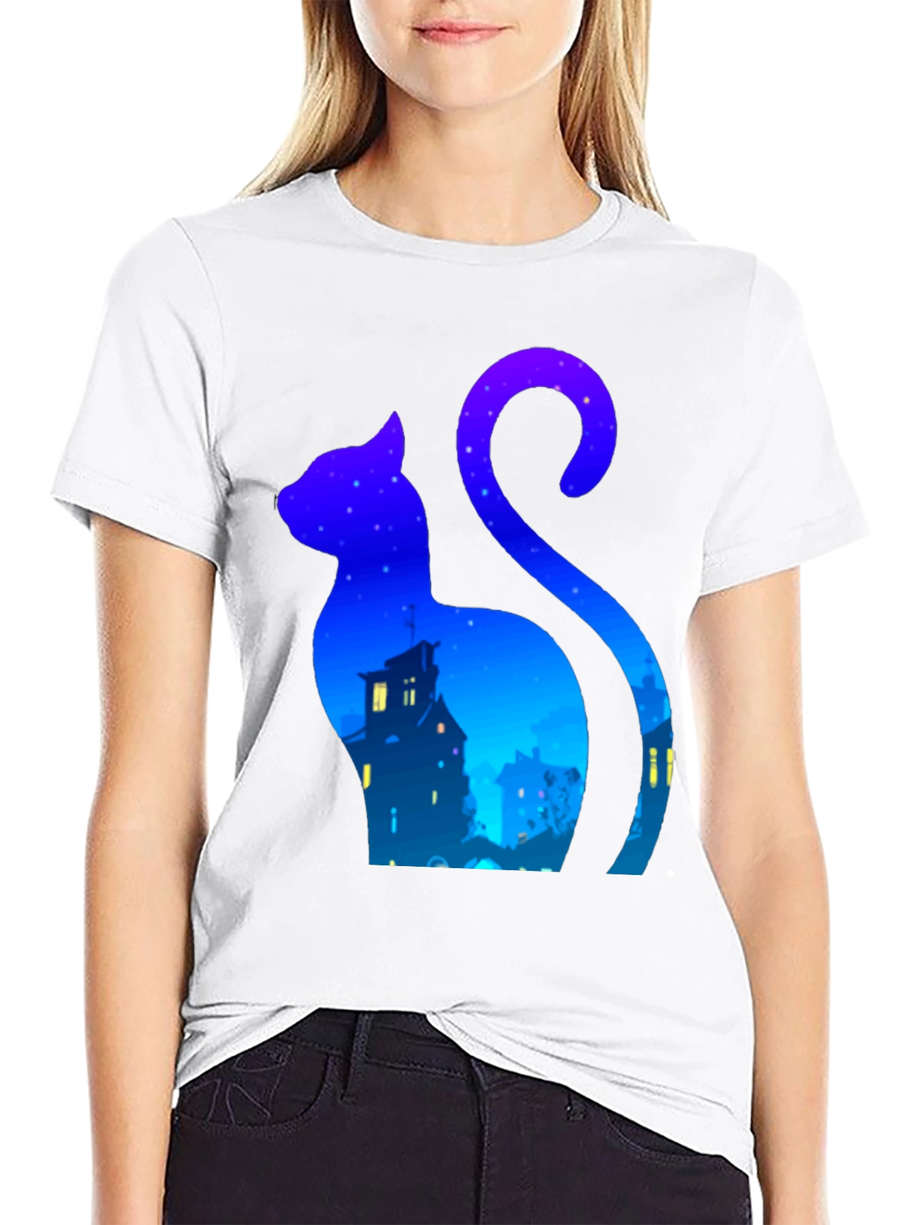 Black Cat Silhouette Night Sky T-Shirt - Urban Style view 9