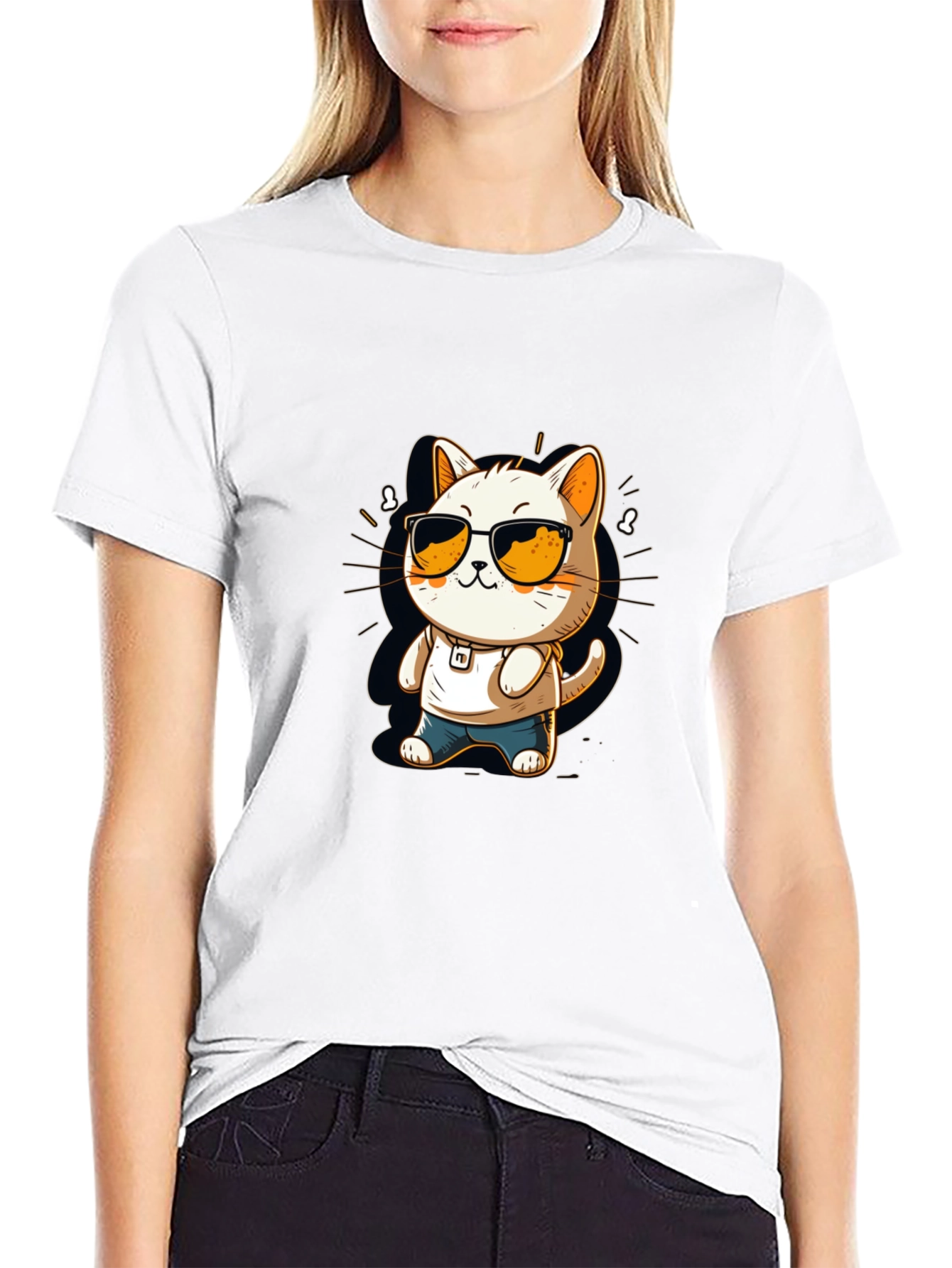Black Cool Cat Cartoon Black Tee view 9