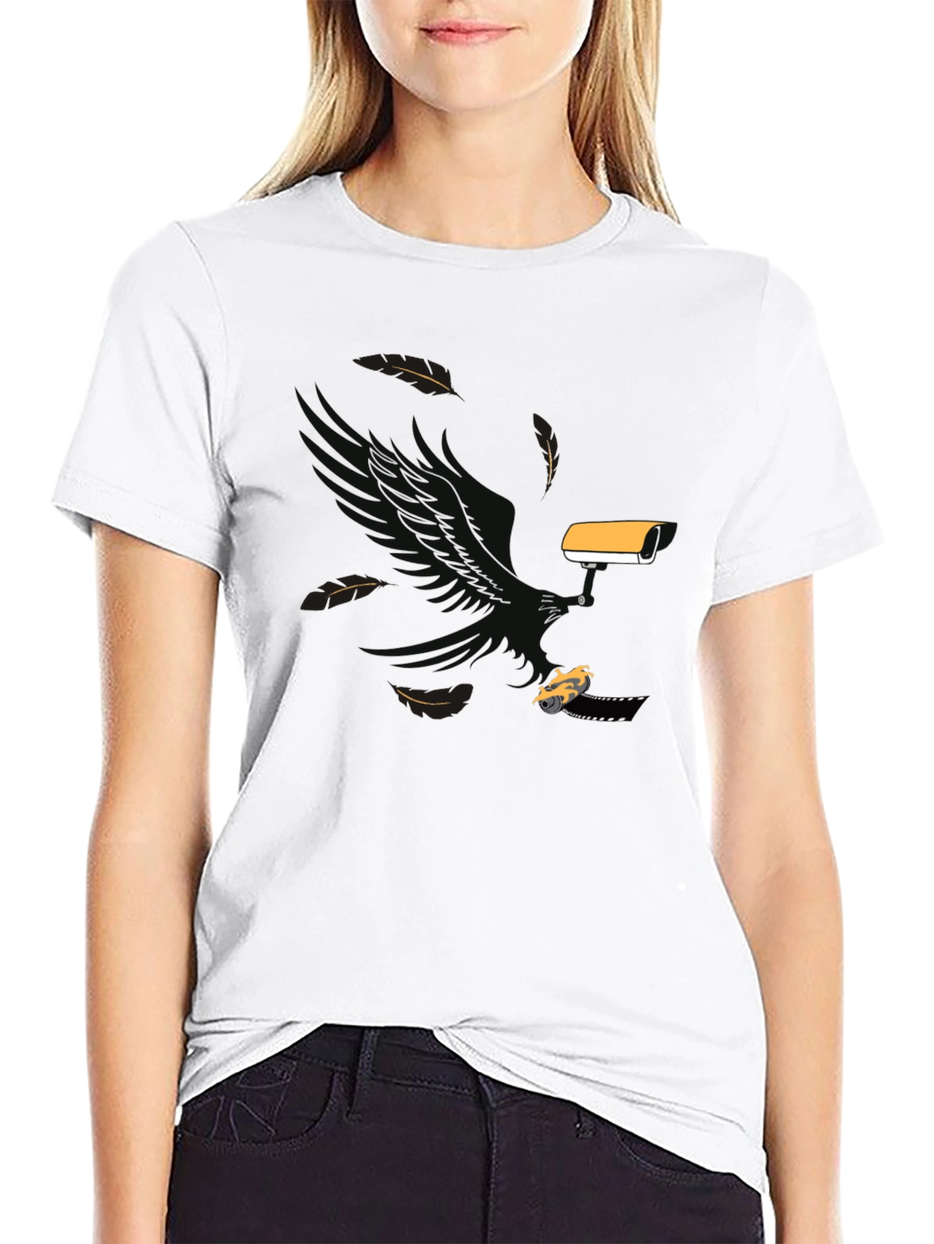 Black Surveillance T-Shirt: Eagle, Camera, & Car Graphic Tee view 9