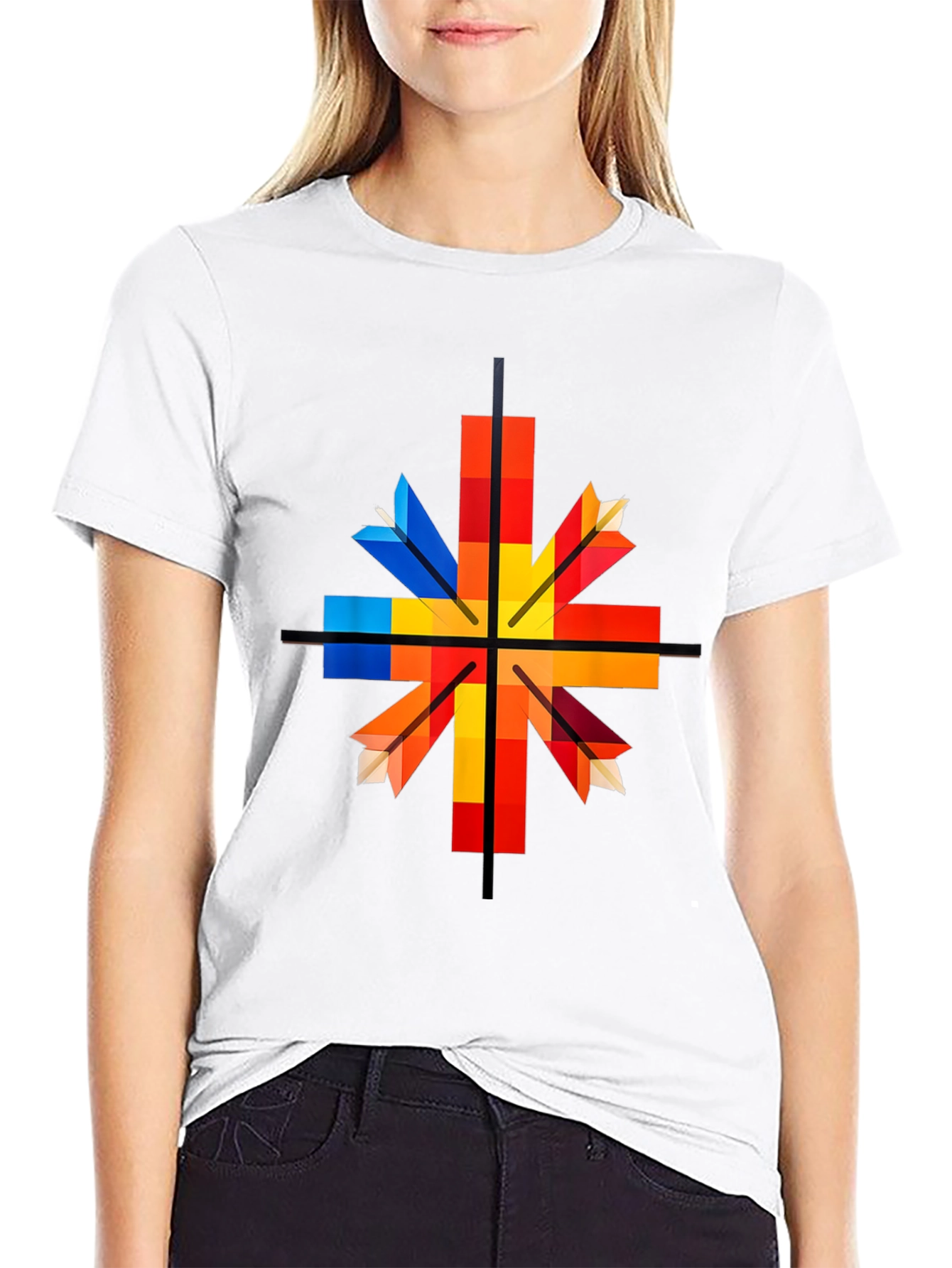 Black Geometric Arrow Graphic Tee - Colorful Square Design view 9