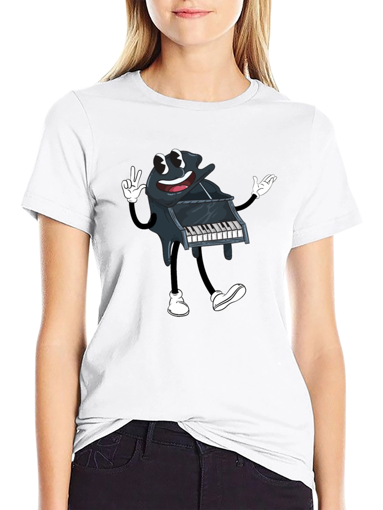 Black Cartoon Piano Graphic Tee - Black Cotton T-Shirt view 9