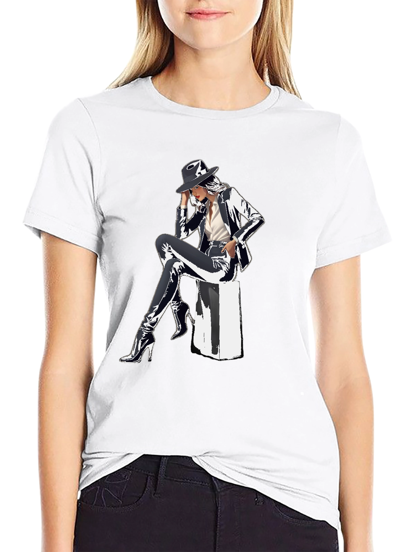 Black Sleek Graphic Tee - Woman in Shiny Suit view 9