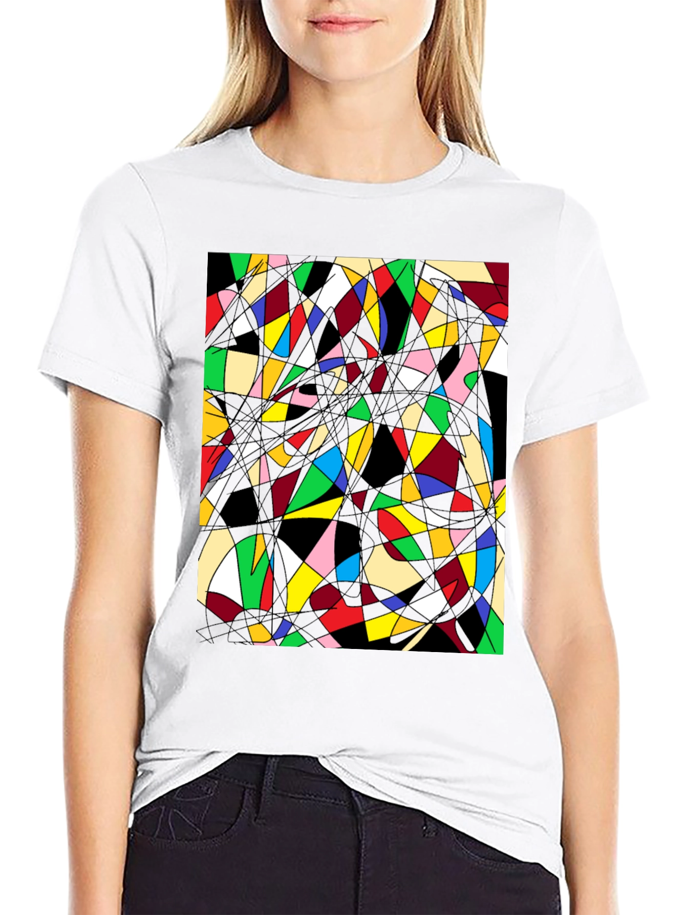Black Abstract Geometric T-Shirt: Colorful Stained Glass Design view 9