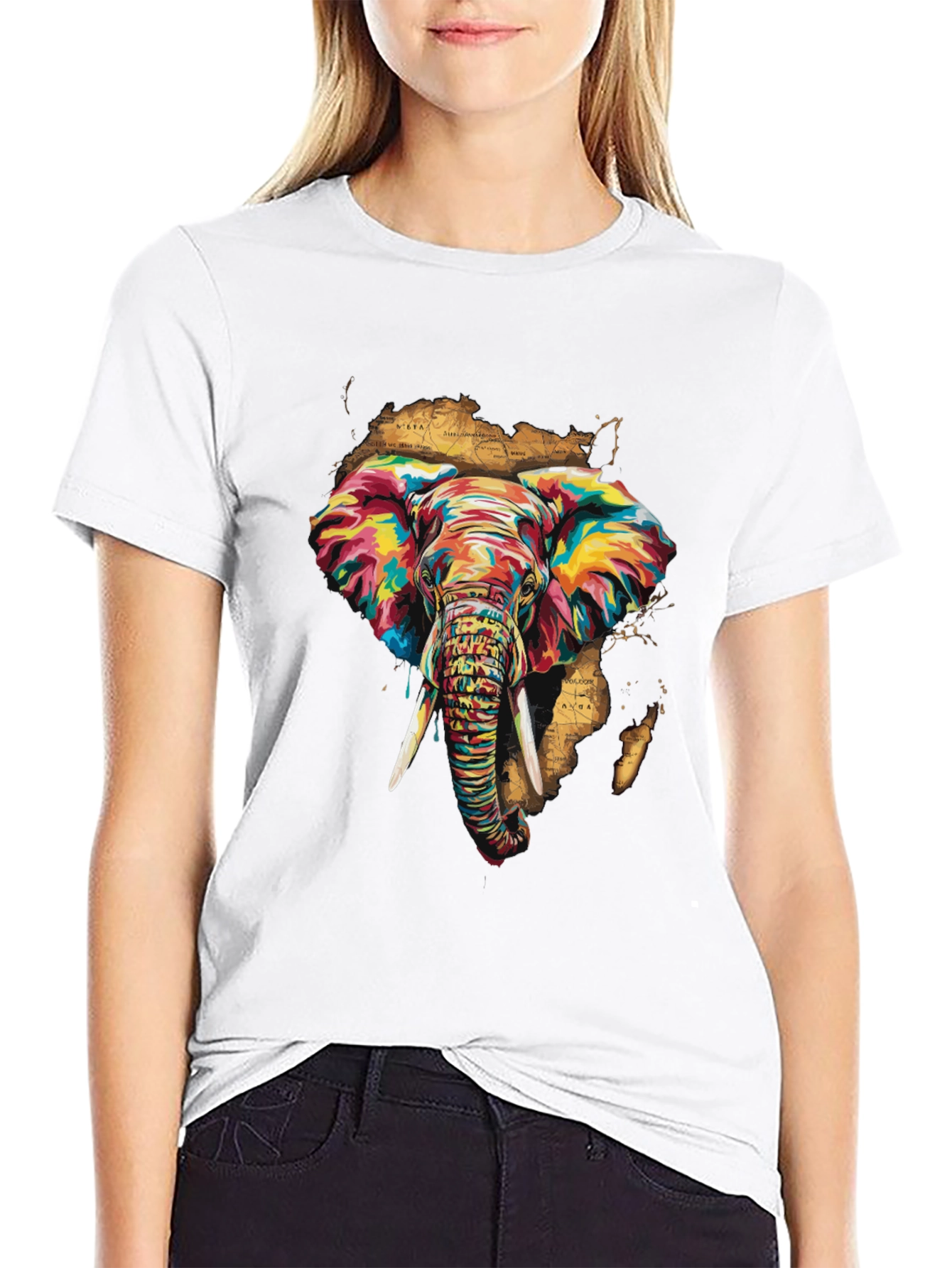 Black Vibrant Elephant Print Men's Black T-Shirt view 9