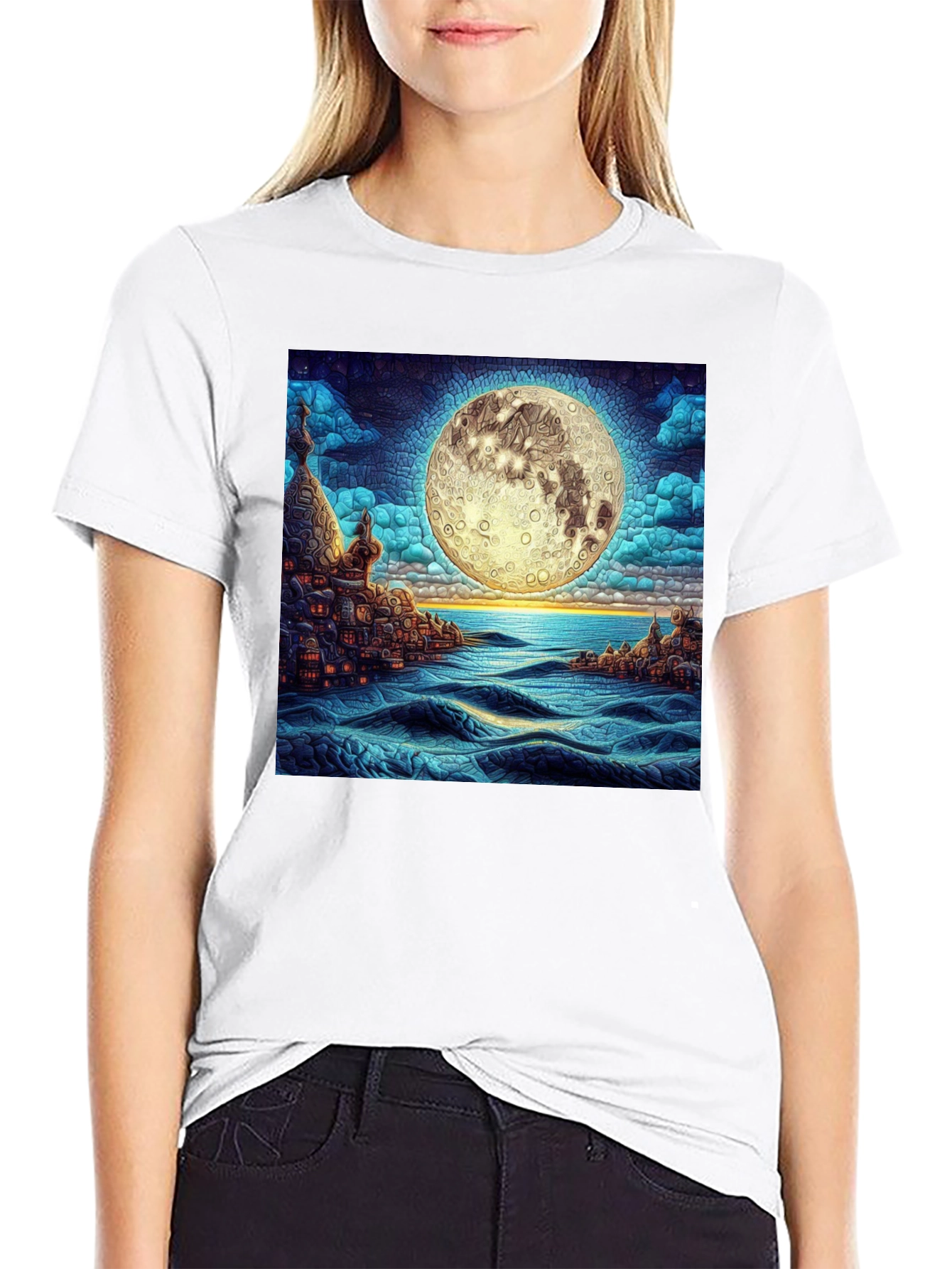 Black Moonlit Cityscape Graphic Tee view 9