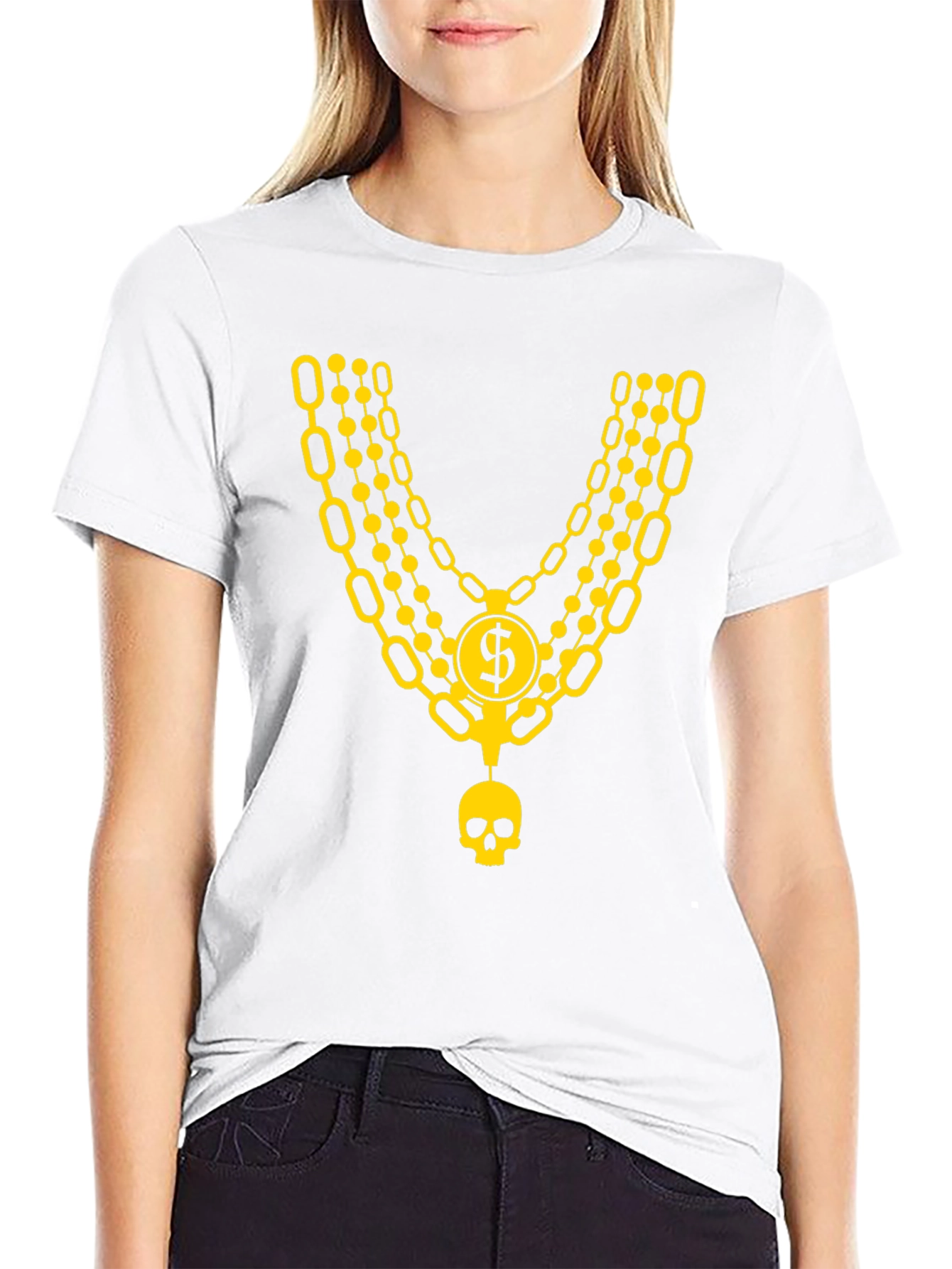 Black Men's Black T-Shirt with Gold Chain and Skull Design view 9