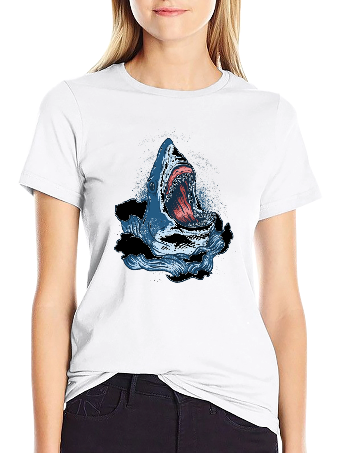 Black Shark Attack Graphic Print Crew Neck T-Shirt view 9