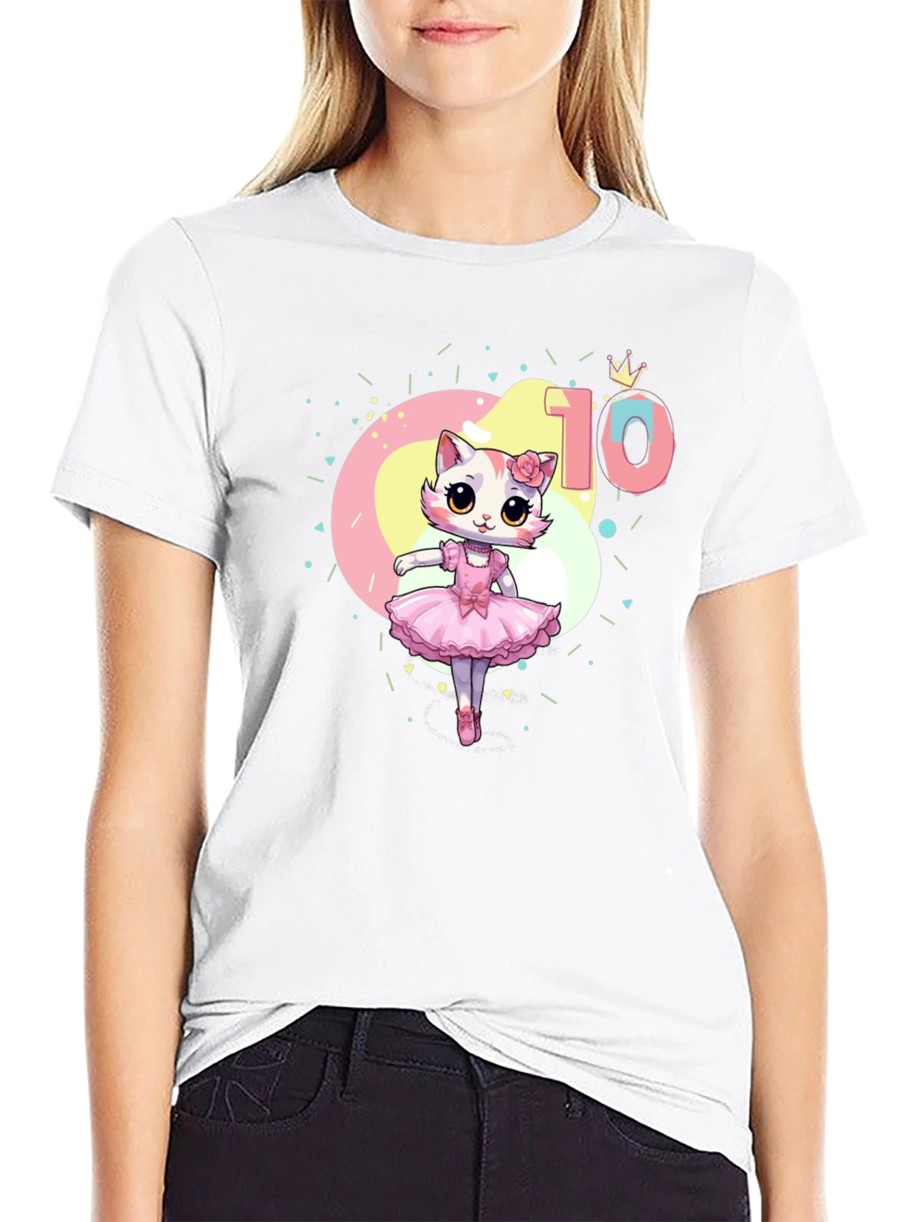 Black Cute Cat Ballerina 10th Birthday T-Shirt view 9