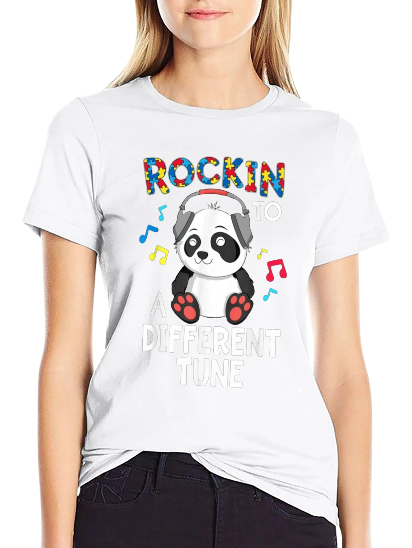 Black Rockin' to a Different Tune Autism Panda T-Shirt view 9