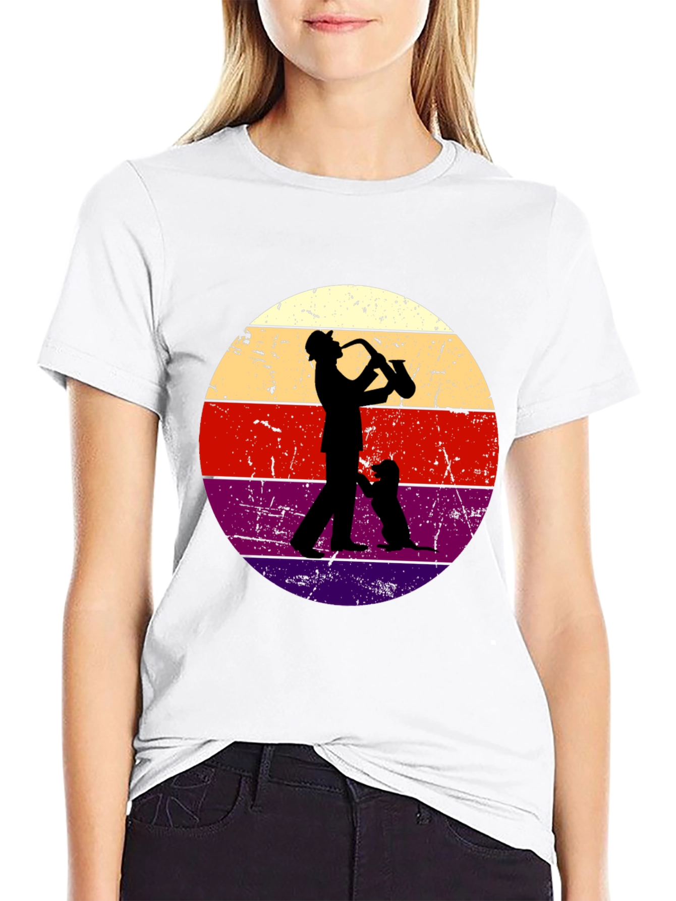 Black Saxophone Player & Dog Retro Graphic Tee view 9