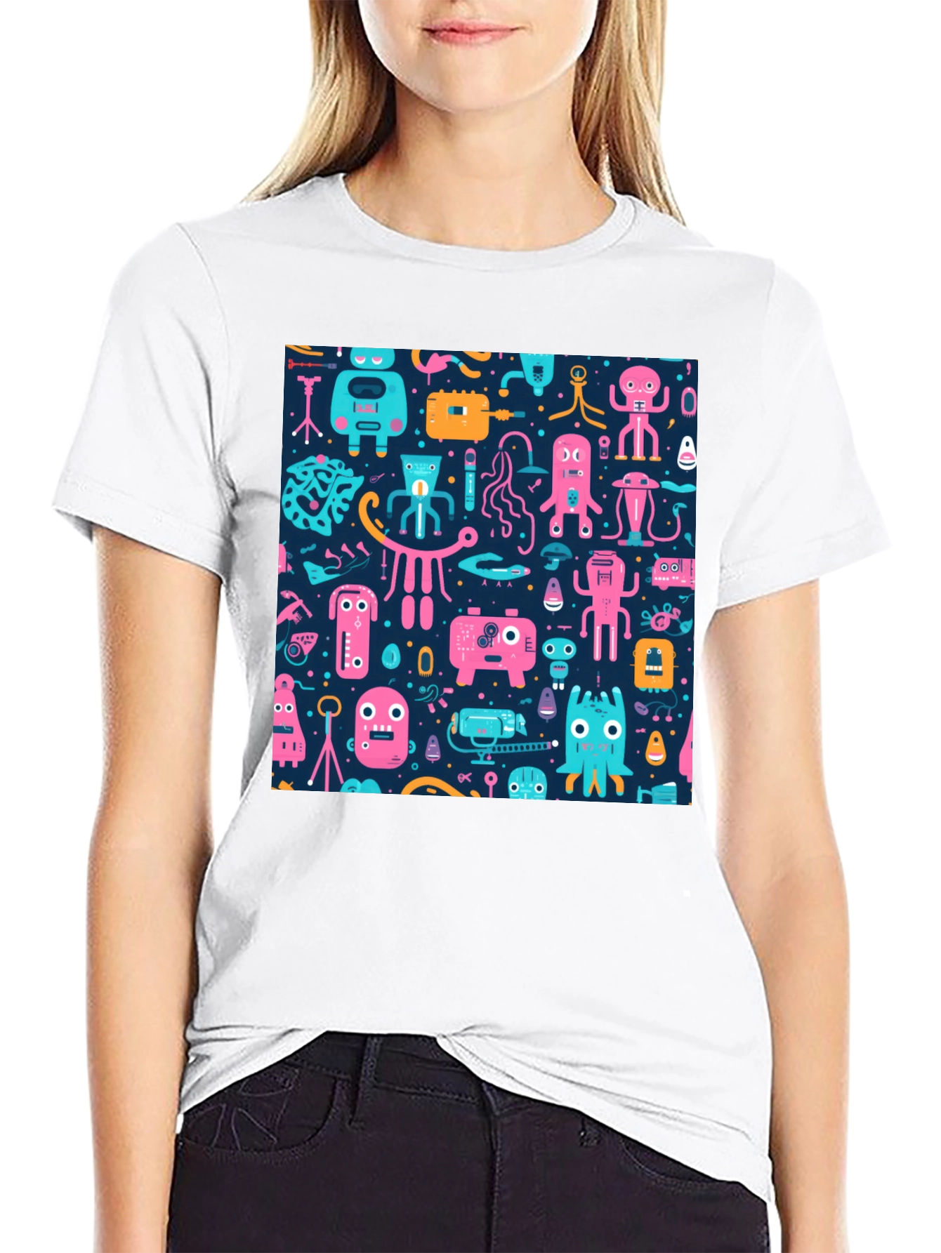 Black Funky Retro Robot Pattern T-Shirt view 9