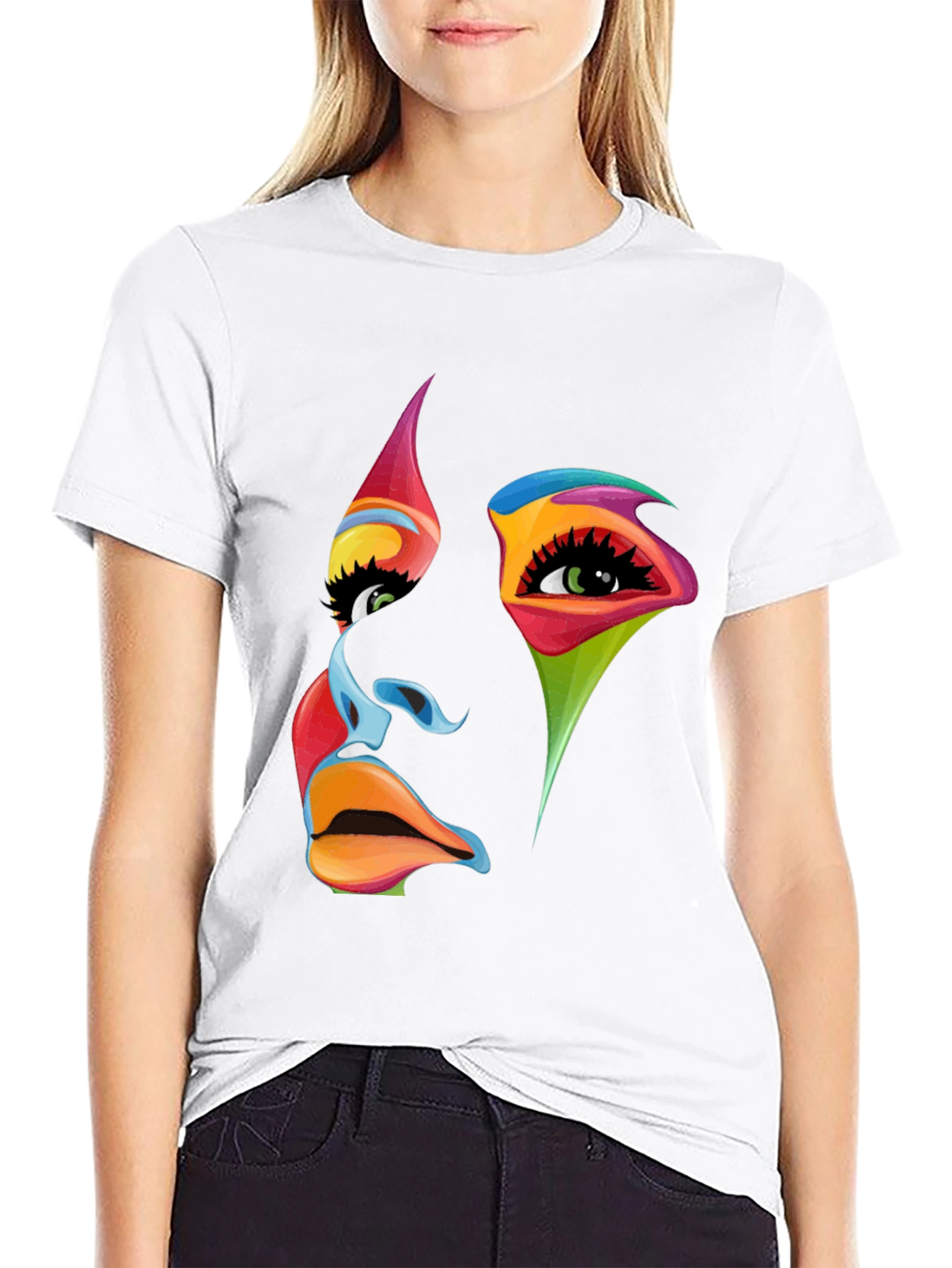 Black Abstract Face Graphic Tee - Vivid Colors, Modern Art view 9