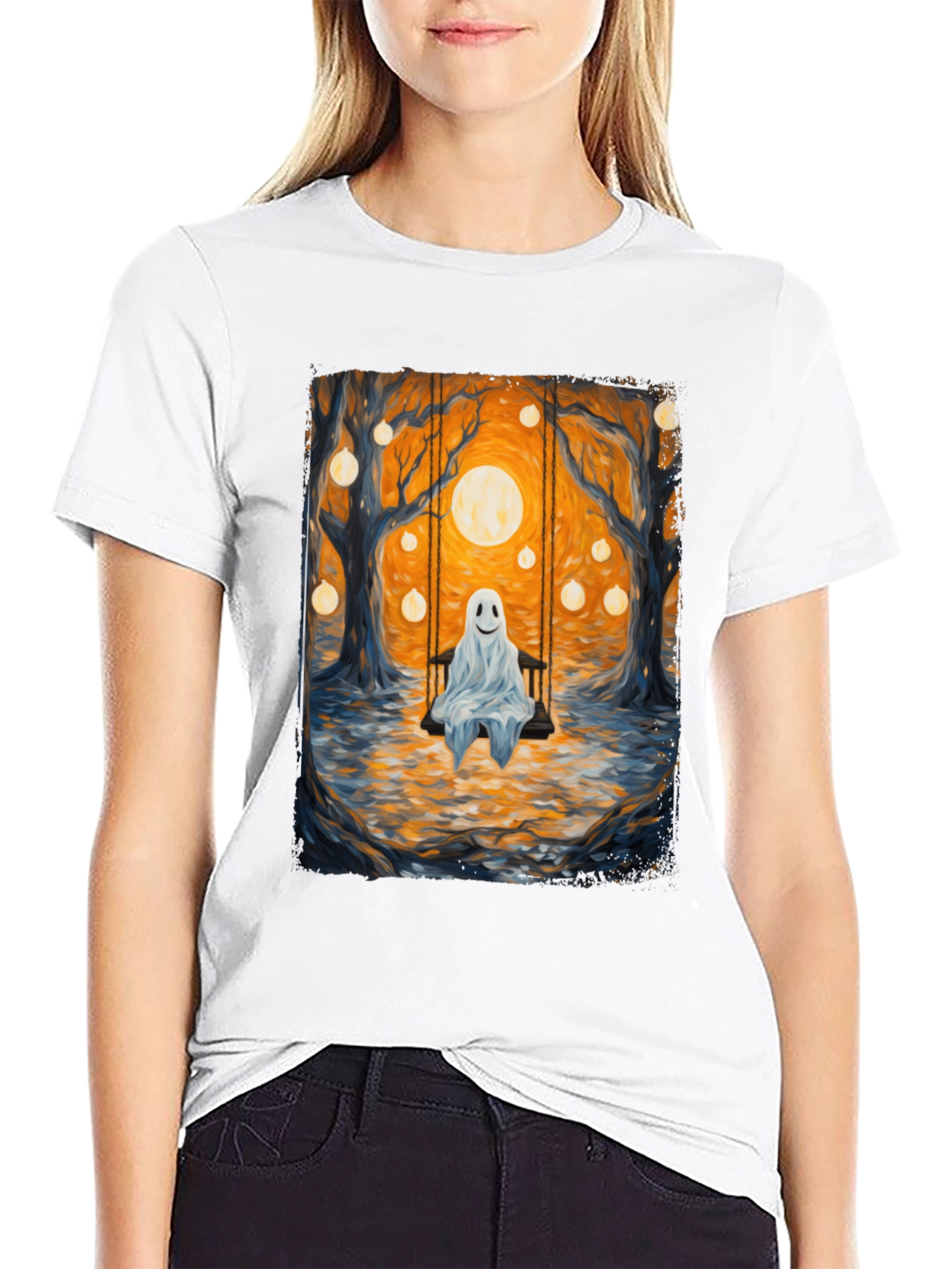 Black Ghost on Swing T-Shirt - Spooky Season view 9