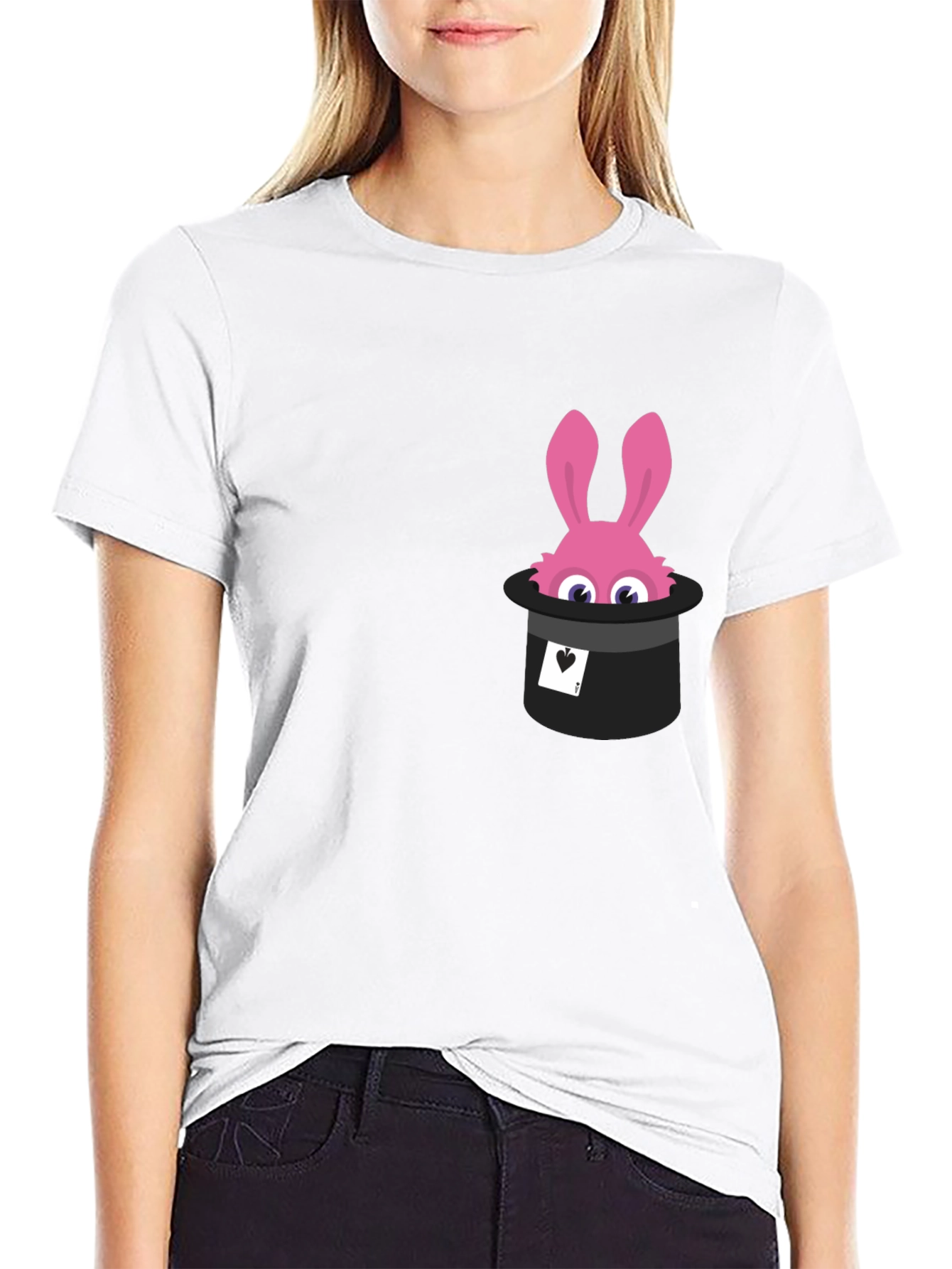 Black Magical Rabbit in Hat Graphic Tee - Black Cotton T-Shirt view 9