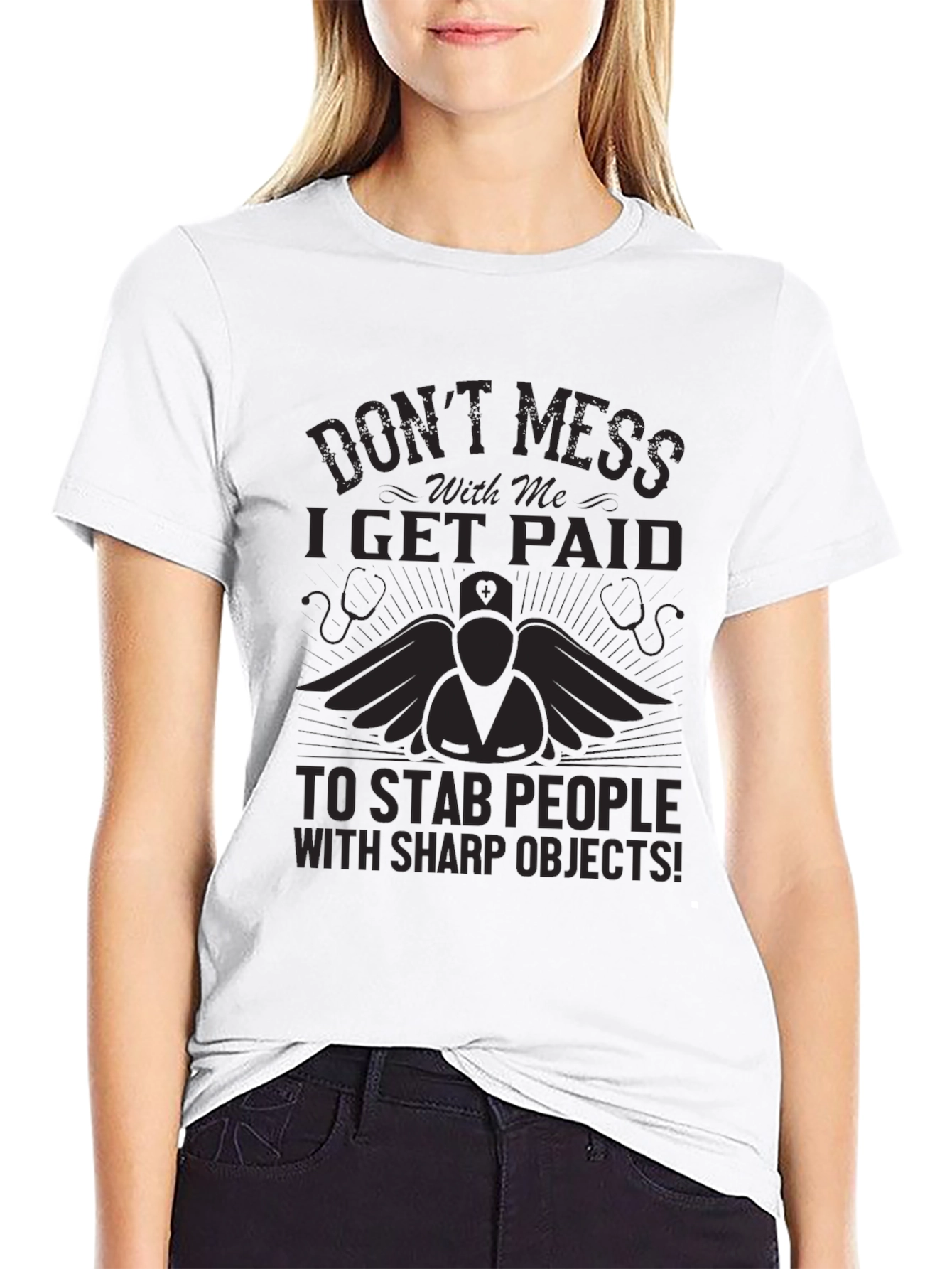 Black Nurse Stab People Funny Black T-Shirt view 9