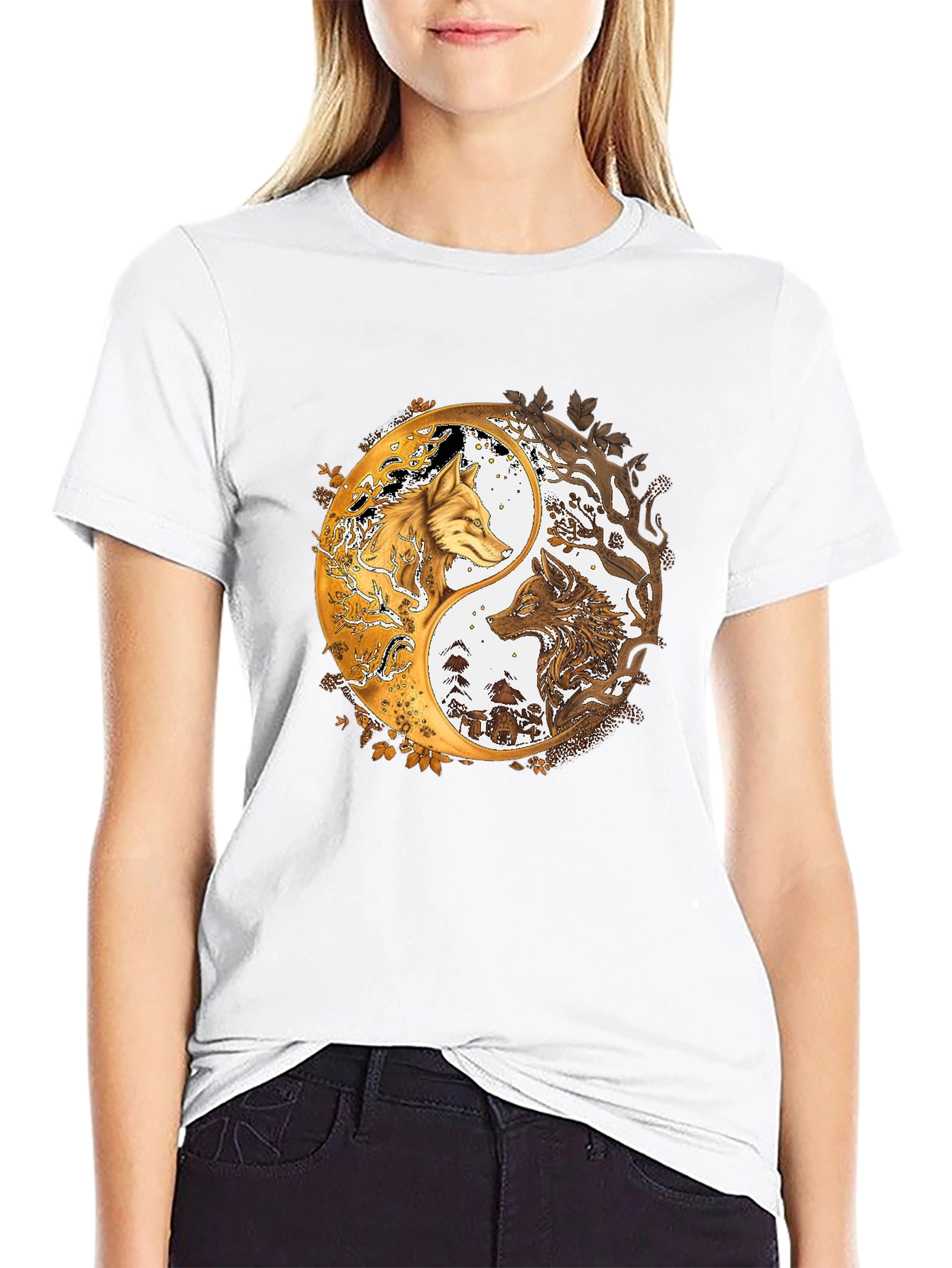 Black Yin Yang Wolves Graphic Black Tee view 9