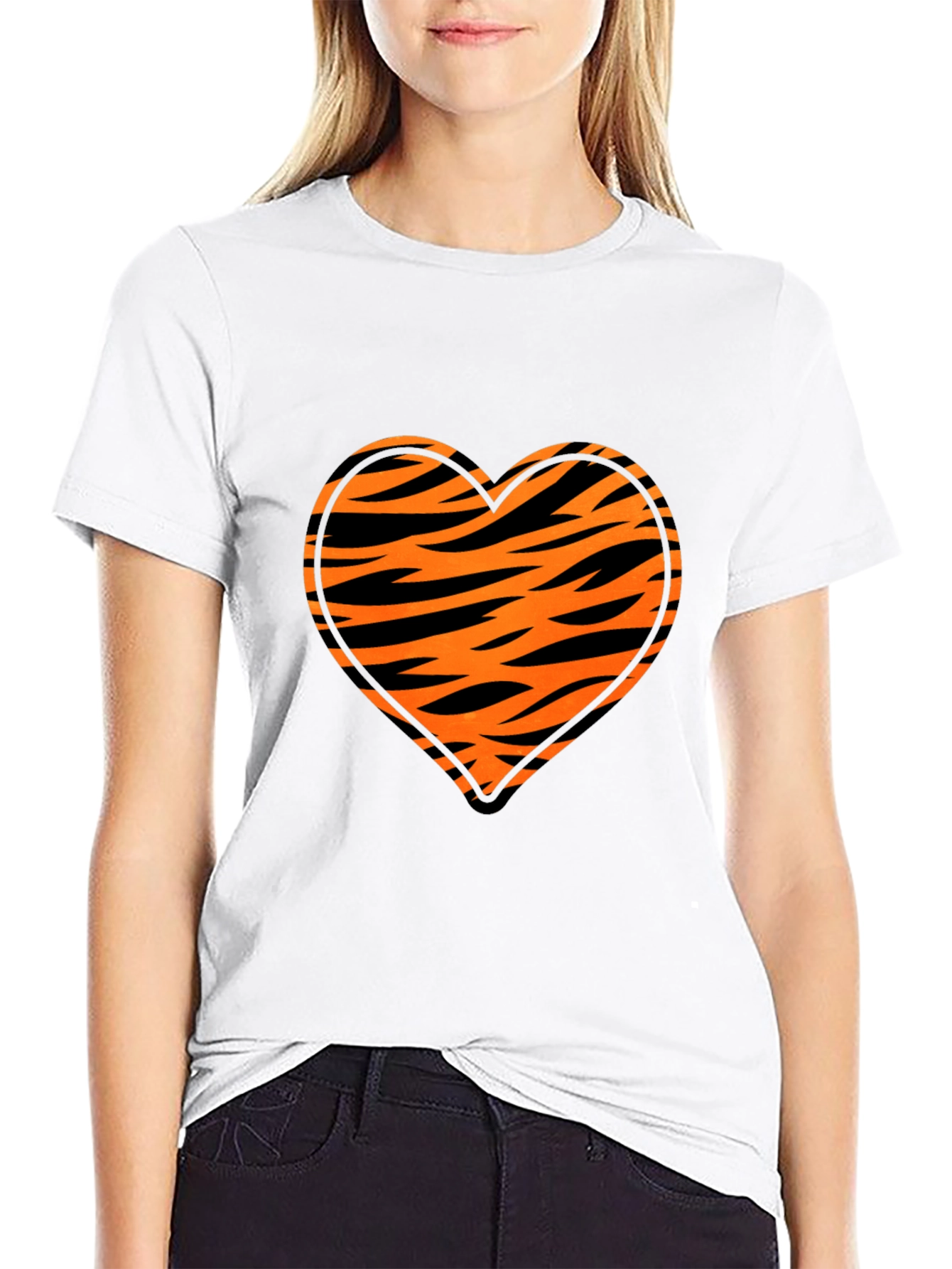 Black Tiger Stripe Heart Graphic Black T-Shirt view 9