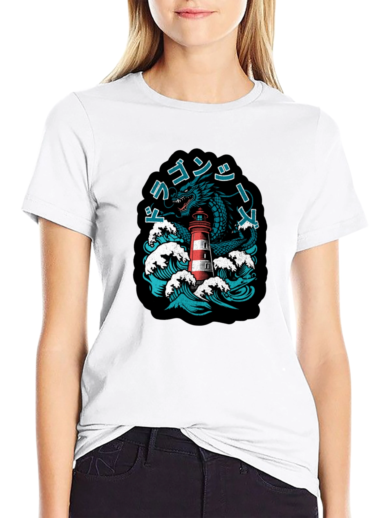 Dragon & Lighthouse Graphic Tee - Nautical Fantasy Shirt - 9