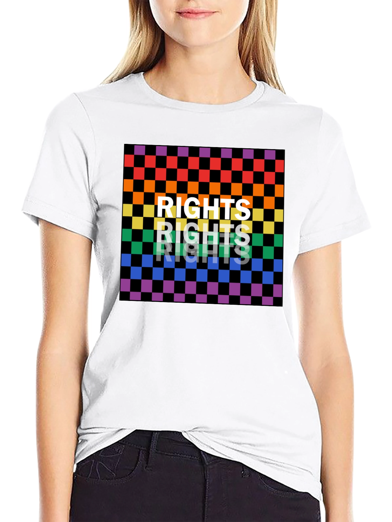 Black Rights Rainbow Checkered Graphic Tee view 9
