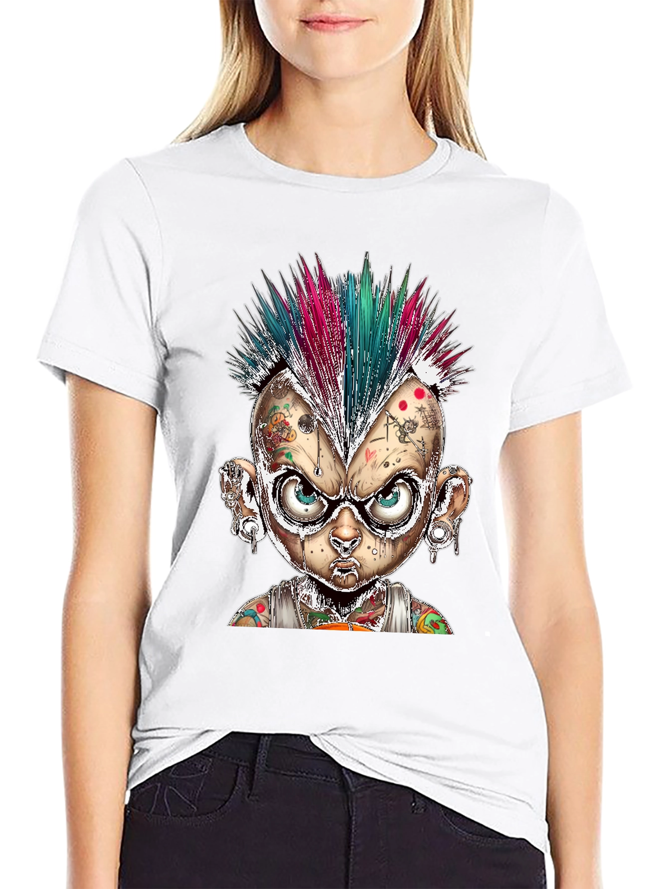 Black Edgy Punk Cartoon Character Graphic Tee view 9