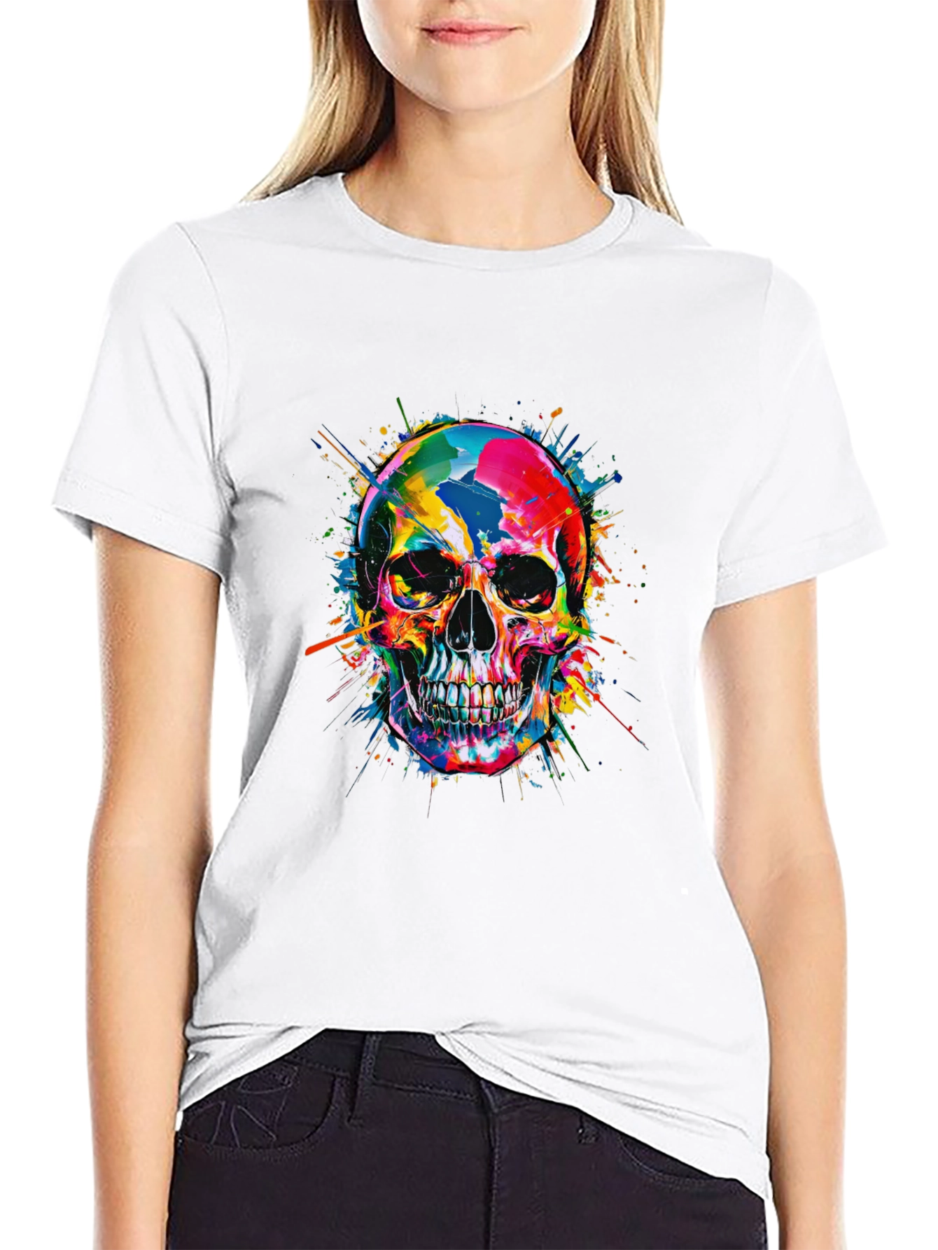 Black Colorful Skull Graphic Print Black T-Shirt view 9