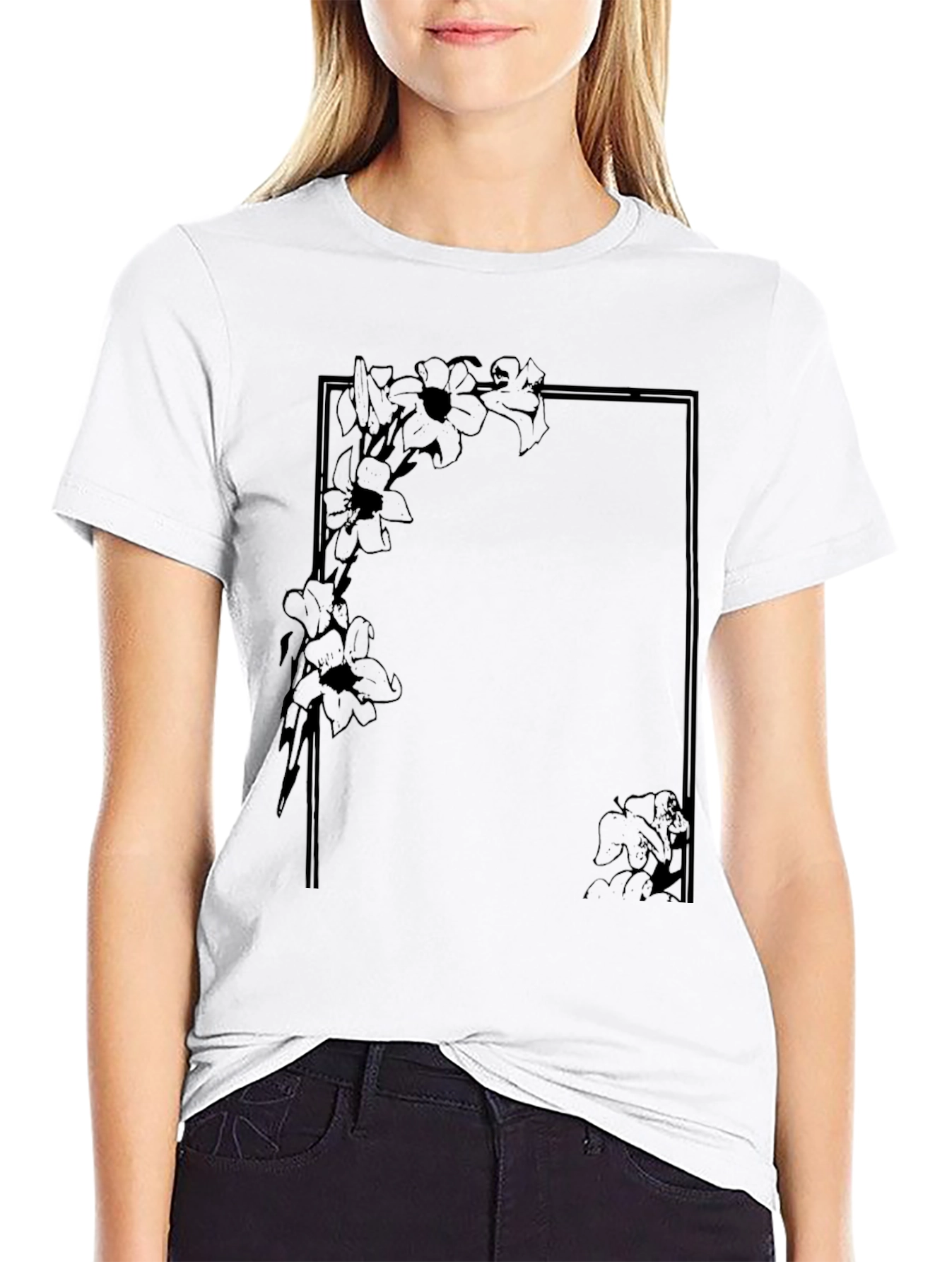Black Floral Frame Graphic Tee - Stylish Everyday Wear view 9