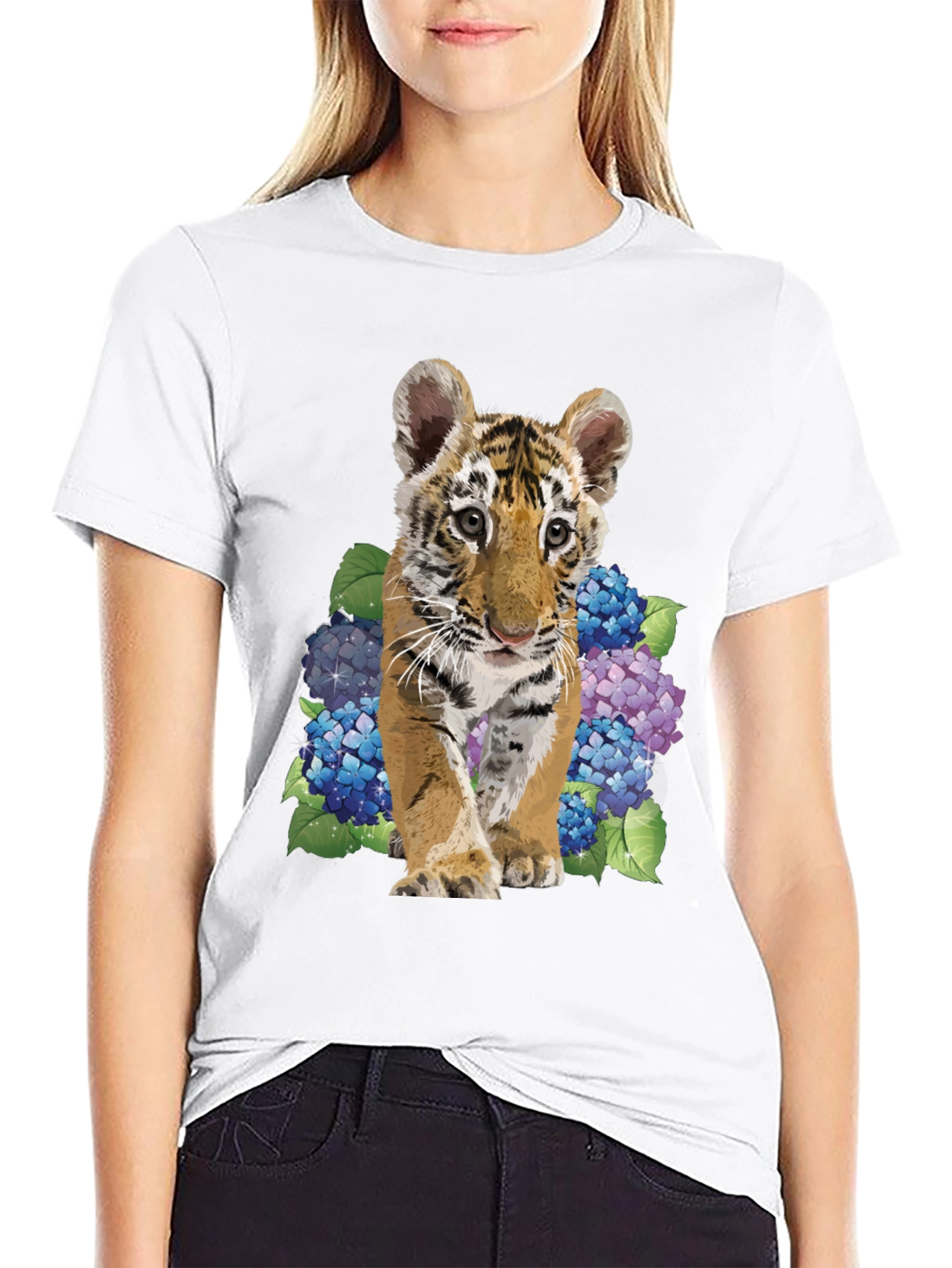 Black Tiger Cub & Hydrangea Graphic Tee - Soft Black Cotton Blend view 9