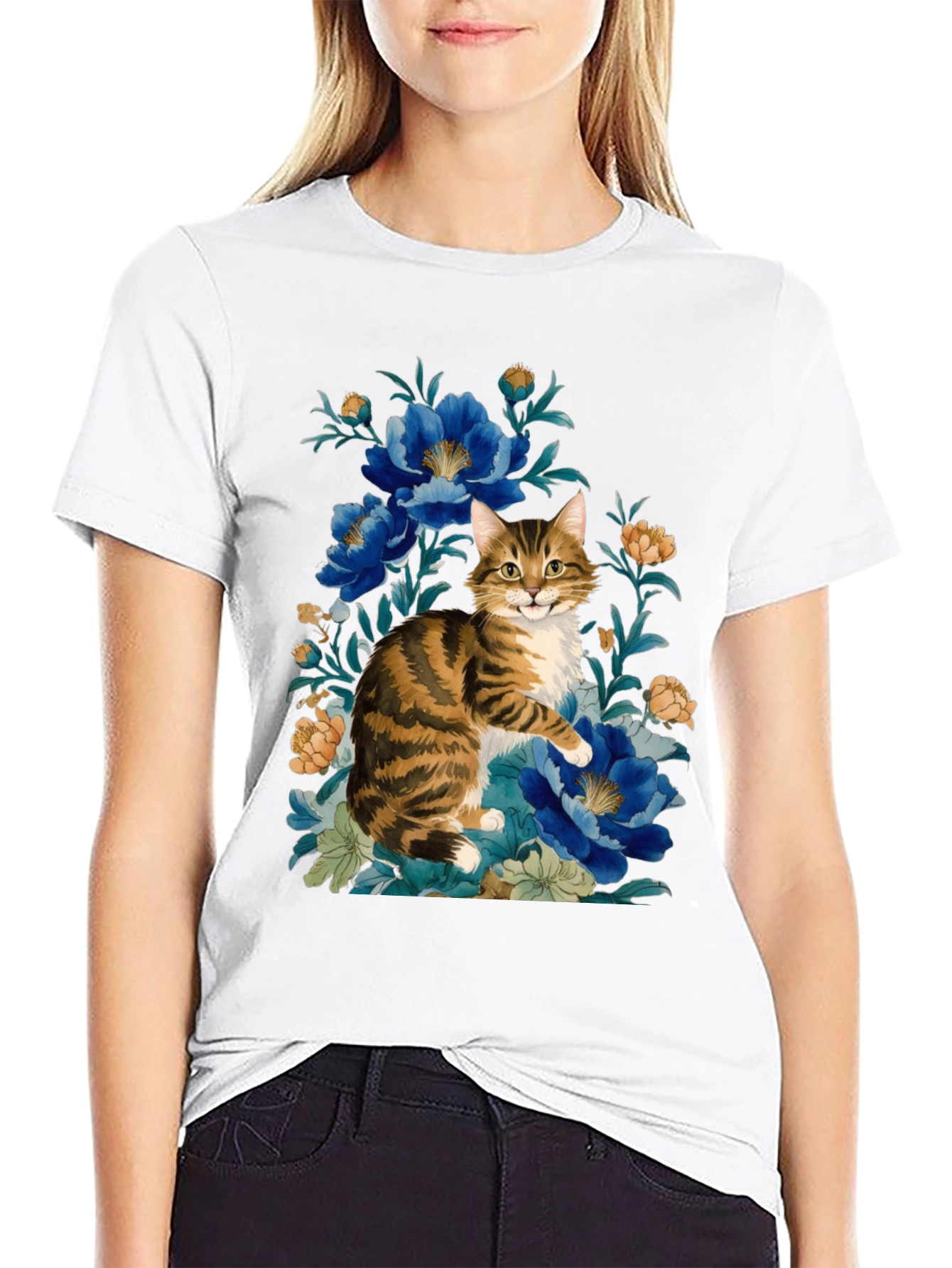 Black Floral Cat Graphic Tee - Soft Cotton Blend view 9