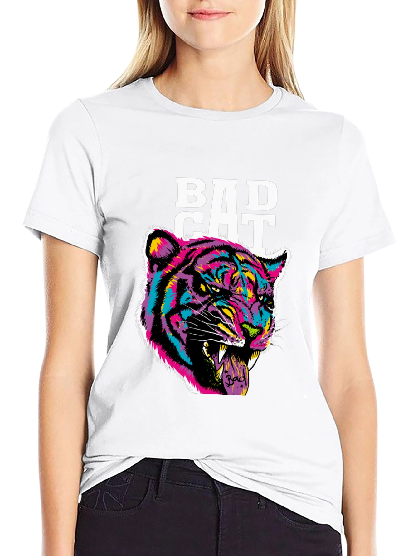 Black Bad Cat Graphic Print Tee - Black Cotton Blend view 9