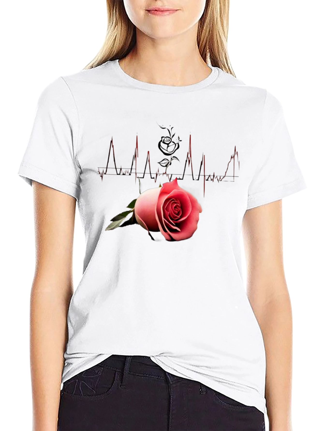 Black Rose Heartbeat Graphic Tee - Romantic Style view 9