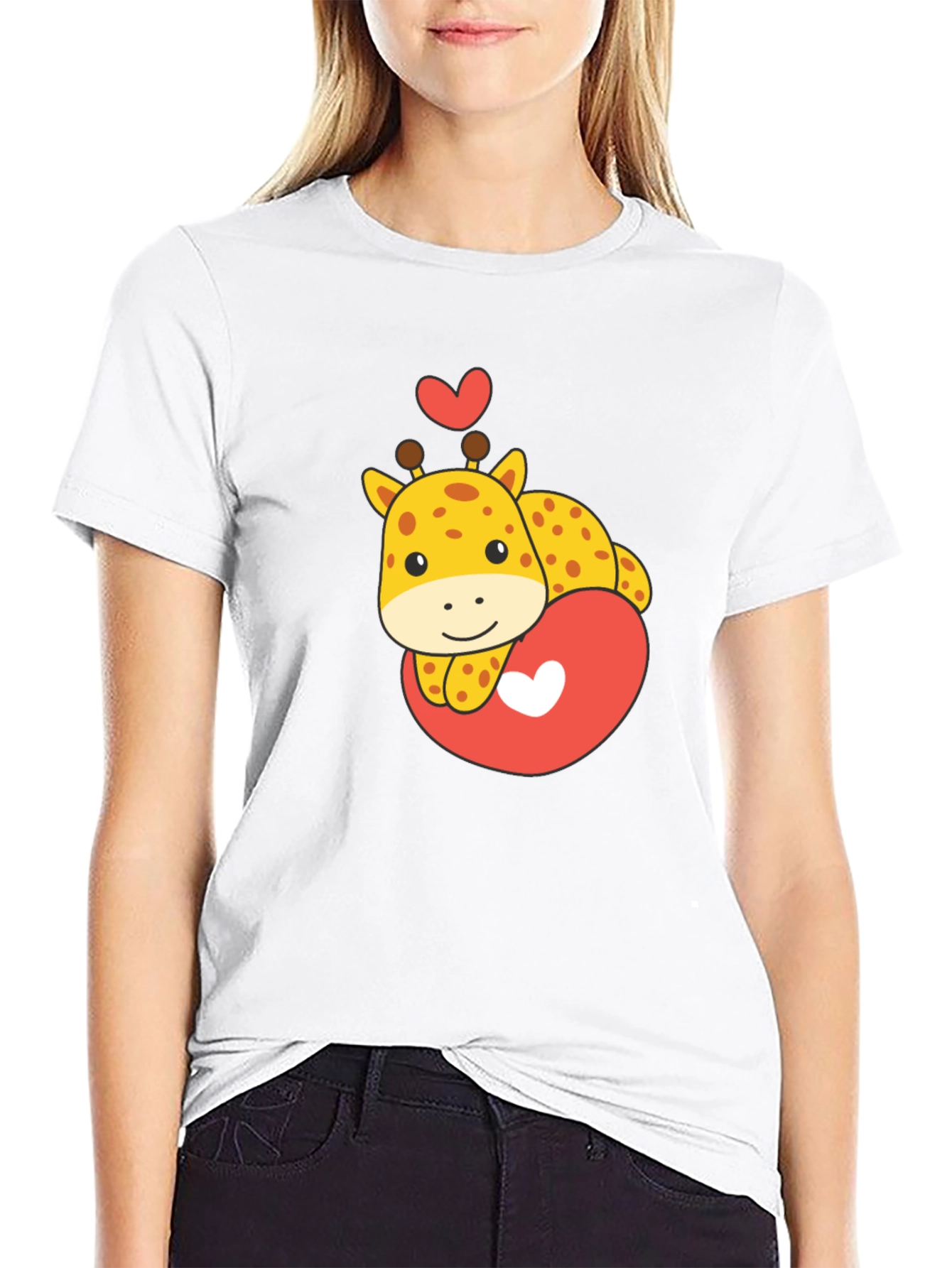 Black Cute Giraffe Heart Graphic Tee - Black T-Shirt view 9