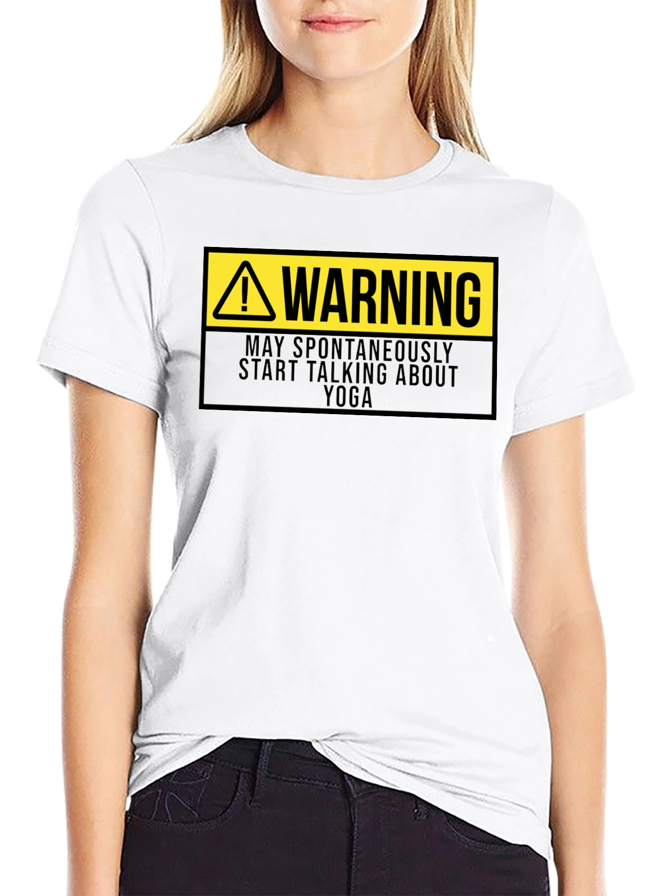 Black Warning: May Spontaneously Talk Yoga T-Shirt view 9