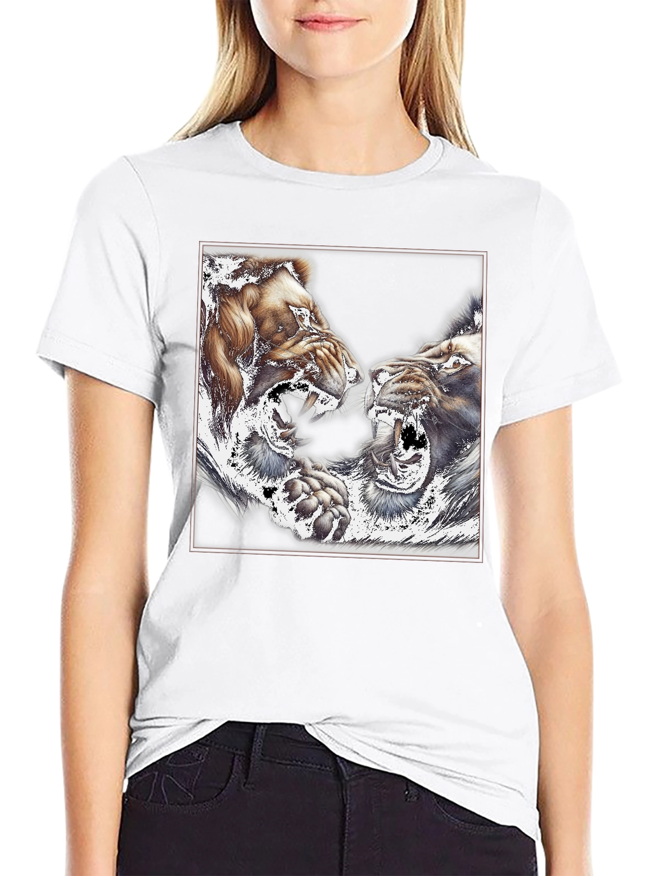 Black Roaring Lions Graphic Print Black T-Shirt view 9