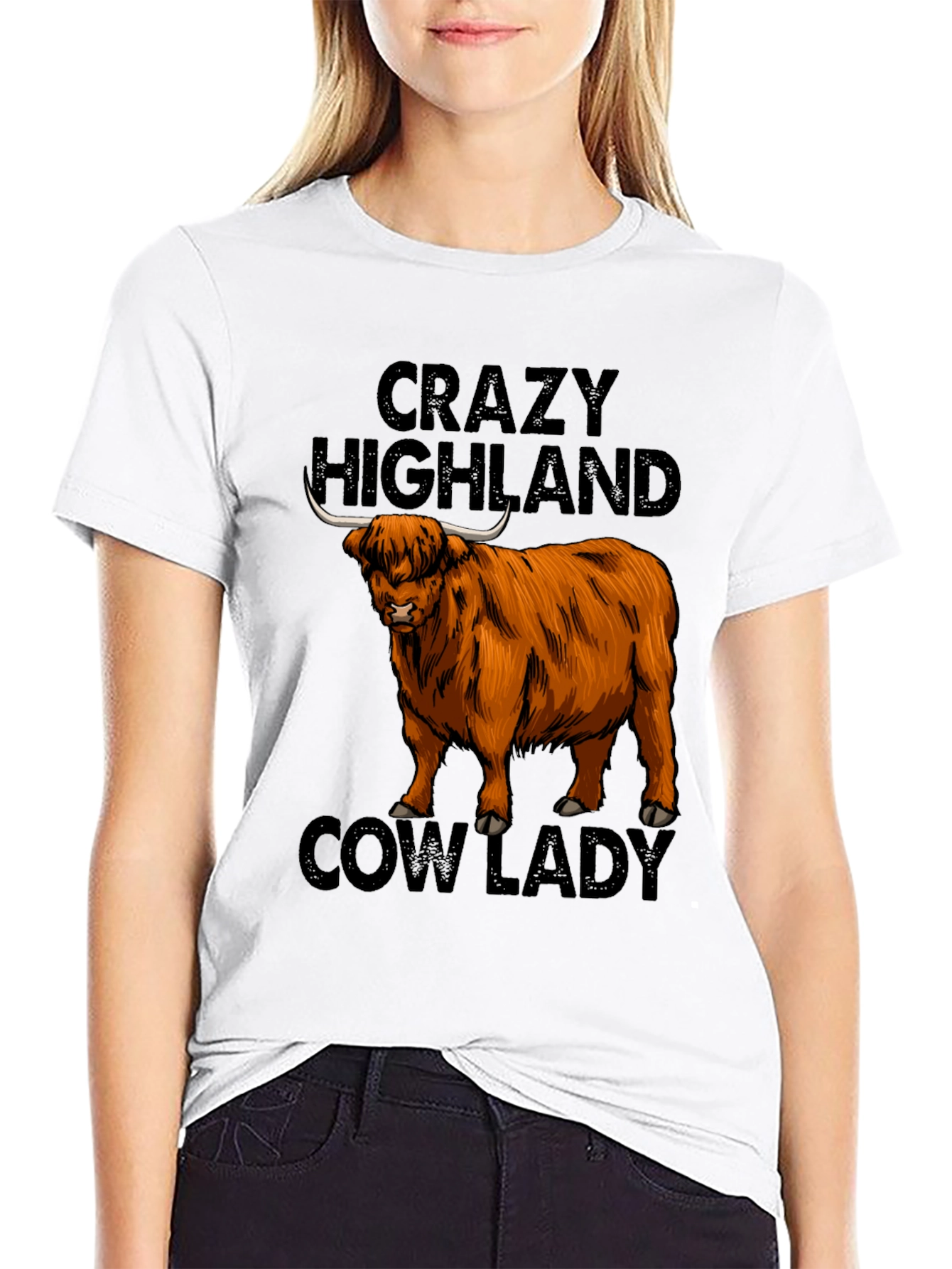 Black Crazy Highland Cow Lady T-Shirt view 9