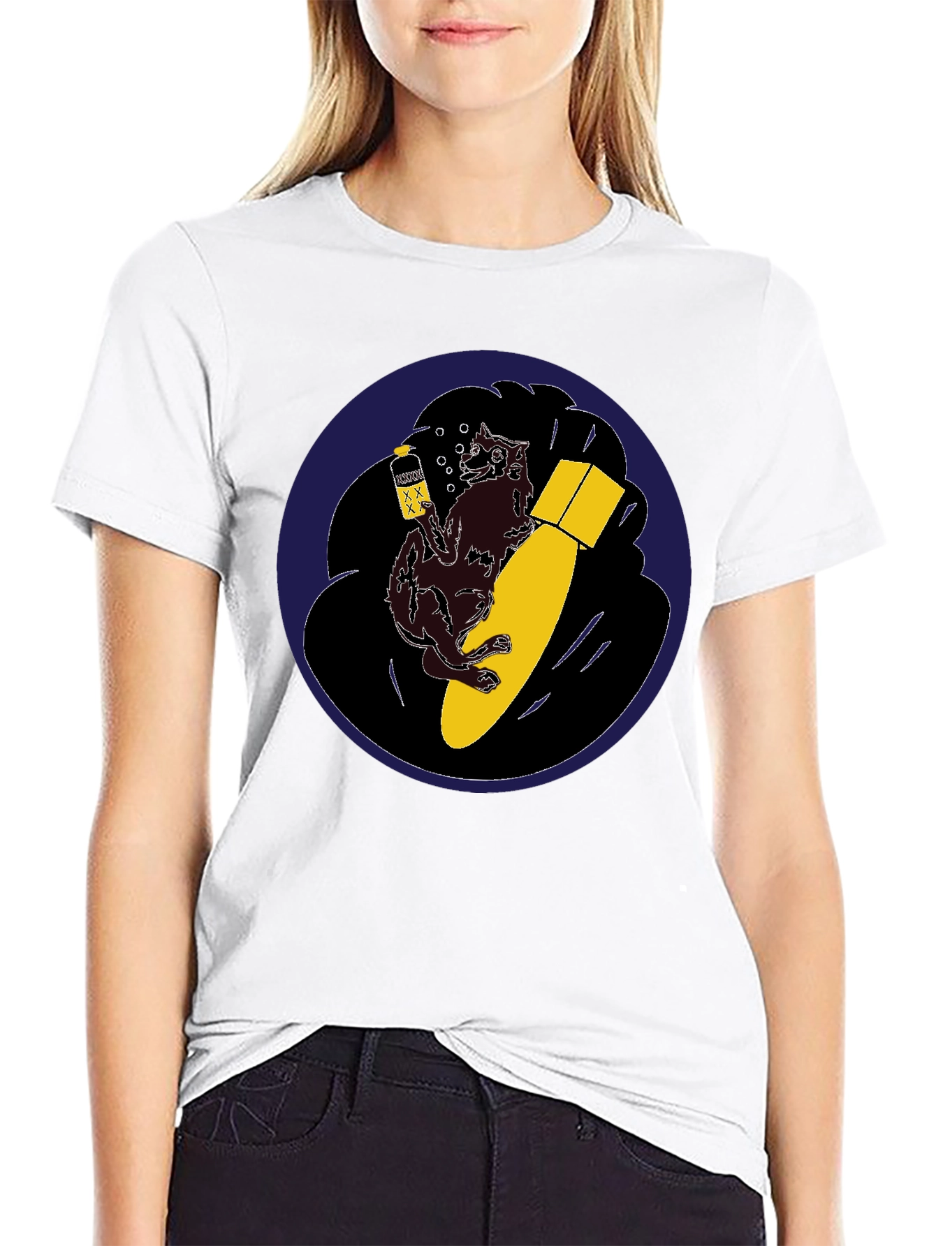 Black Novelty Graphic Tee - Wolf Bomb Design Black T-Shirt view 9